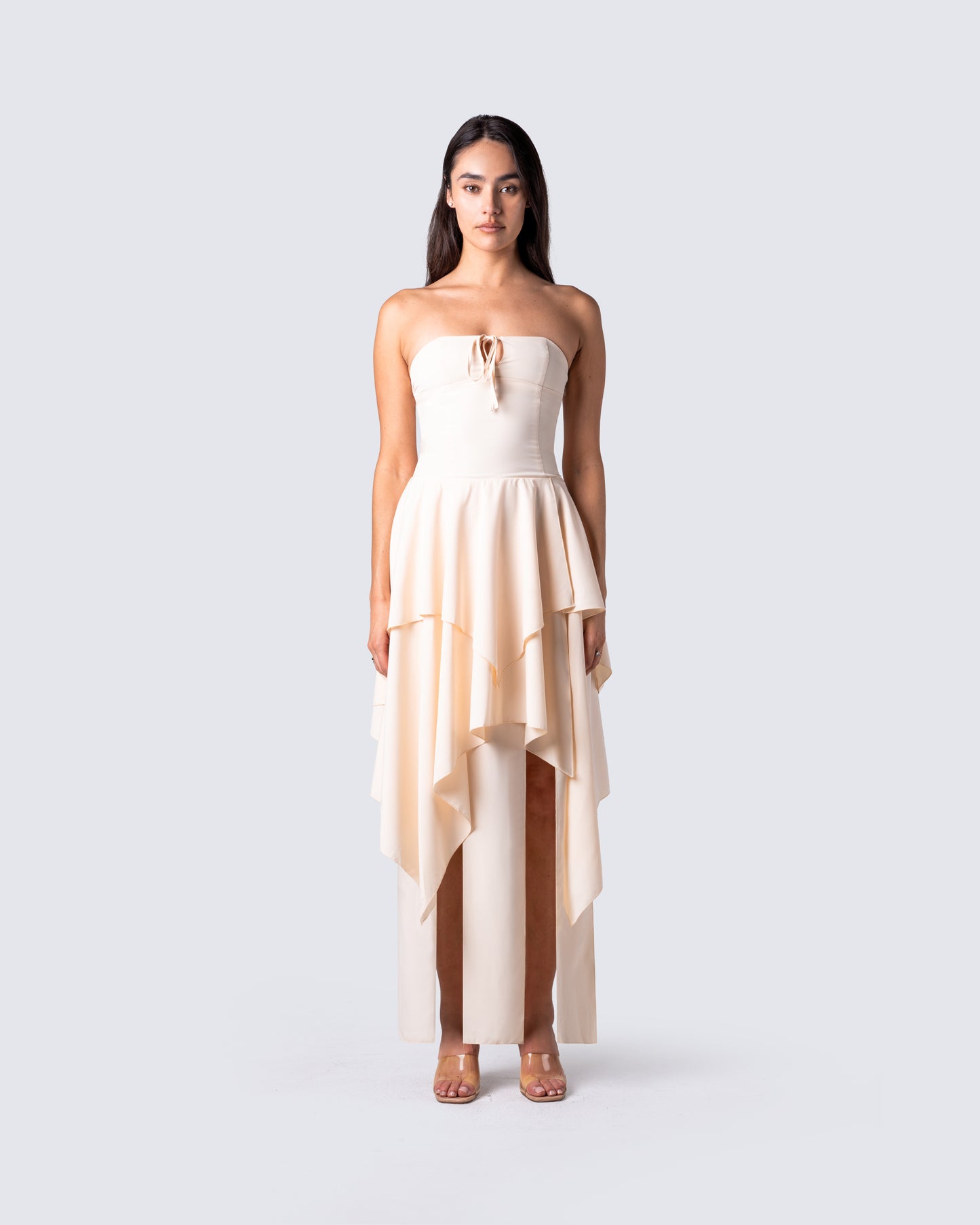 Violette Ivory Layered Maxi Dress model front