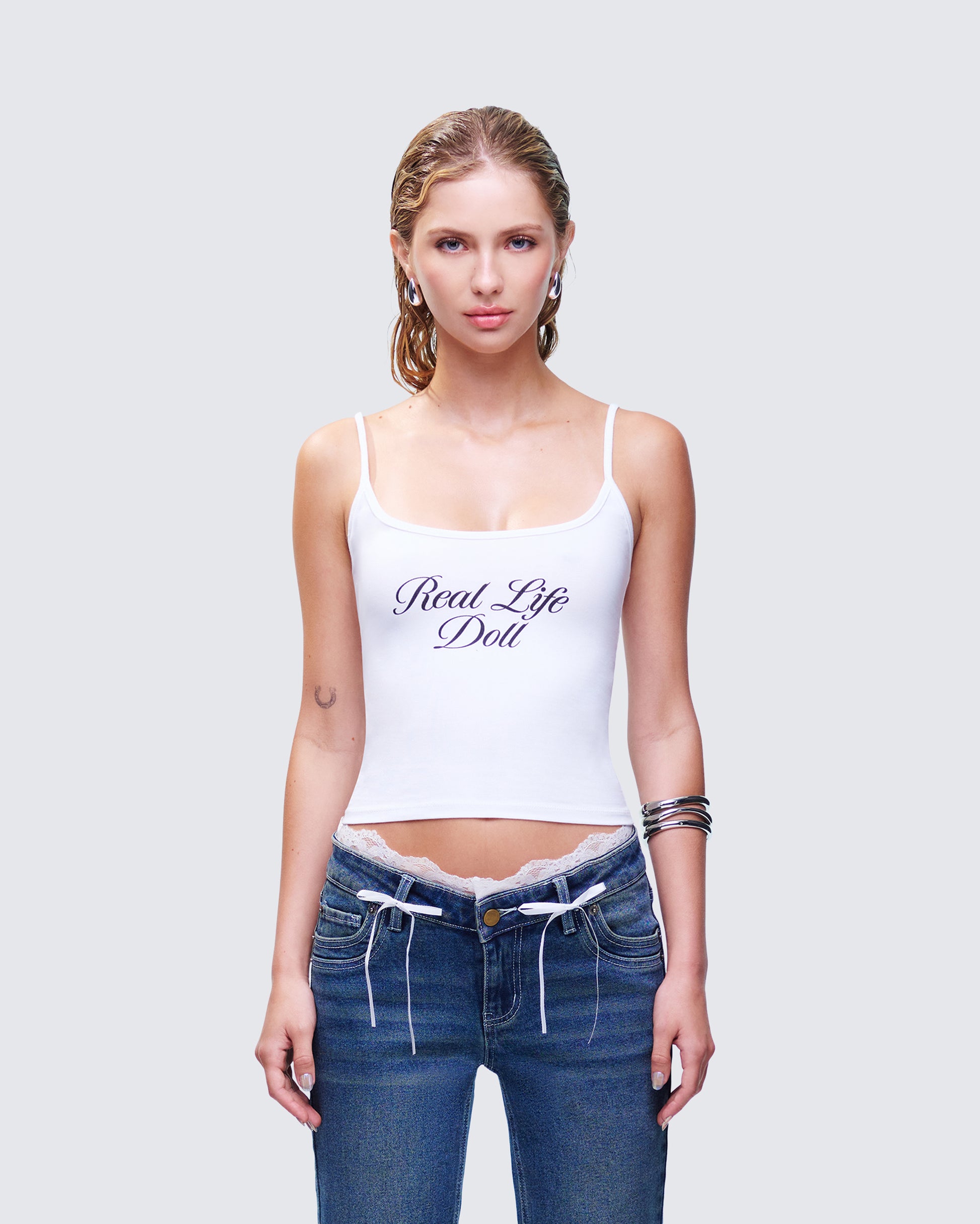 Atara White Slogan Cami Top model front