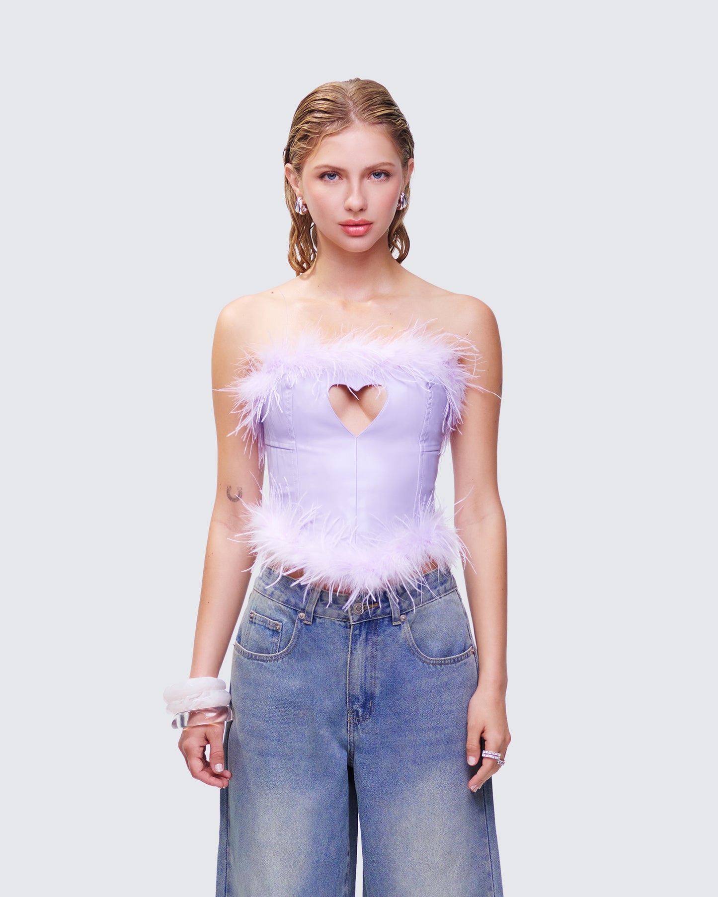 Abrielle Purple Cut Out Feather Corset Top model front