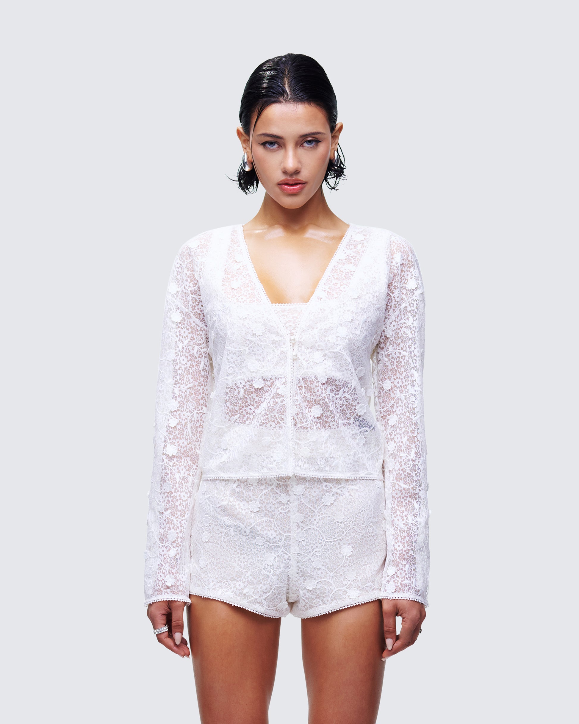 Keturah White Embroidered Lace Cardigan model front