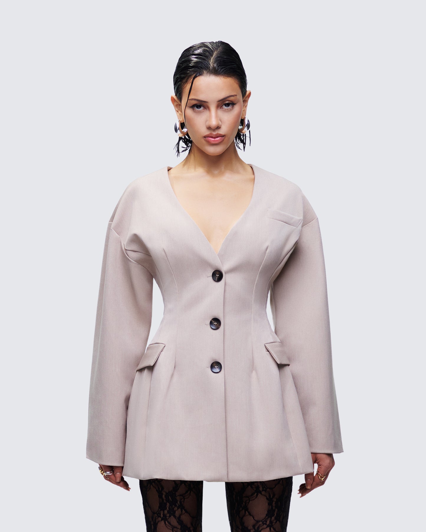 Nahia Brown Cinched Waist Blazer model front