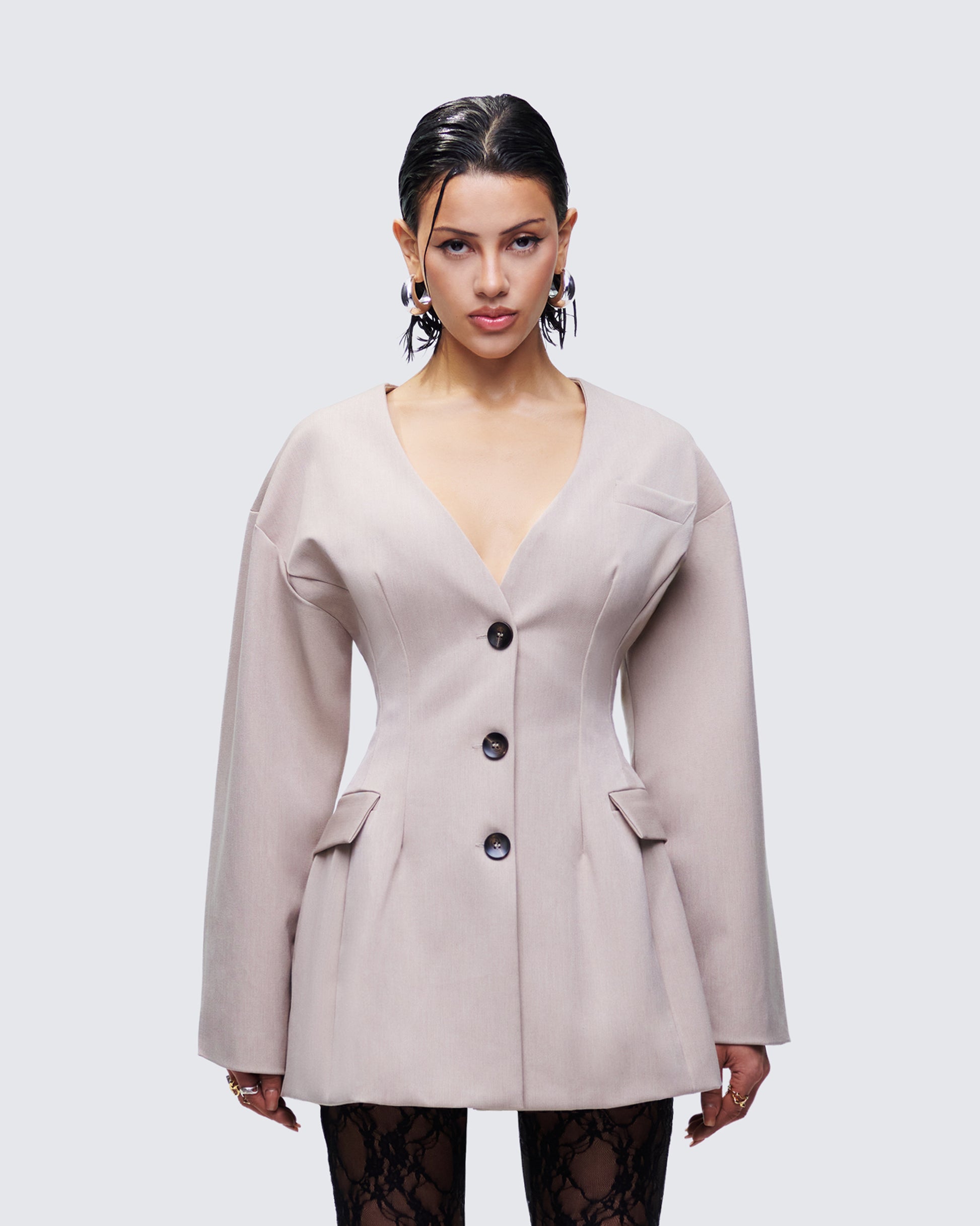 Nahia Brown Cinched Waist Blazer model front