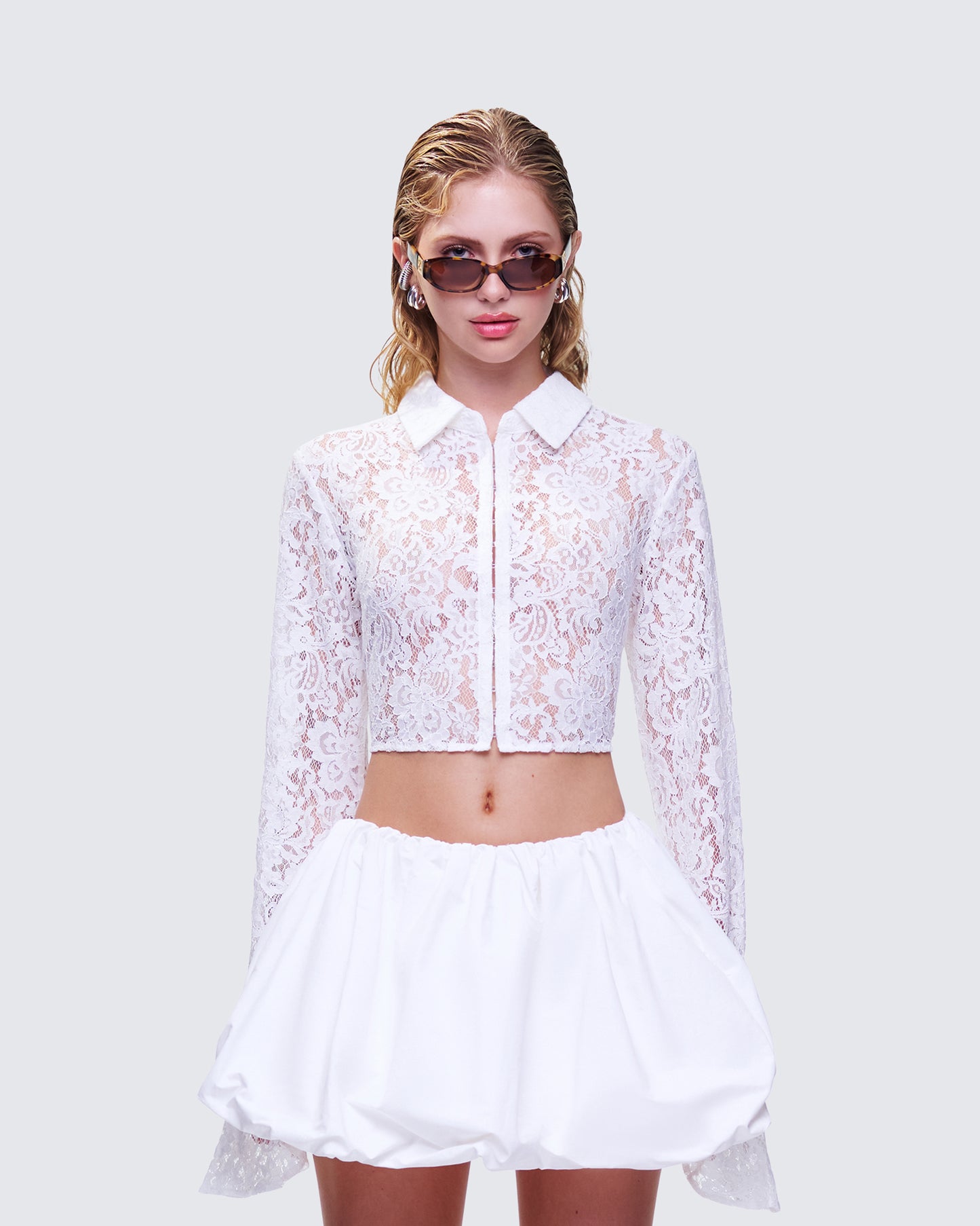 Eunji White Lace Blouse Top model front