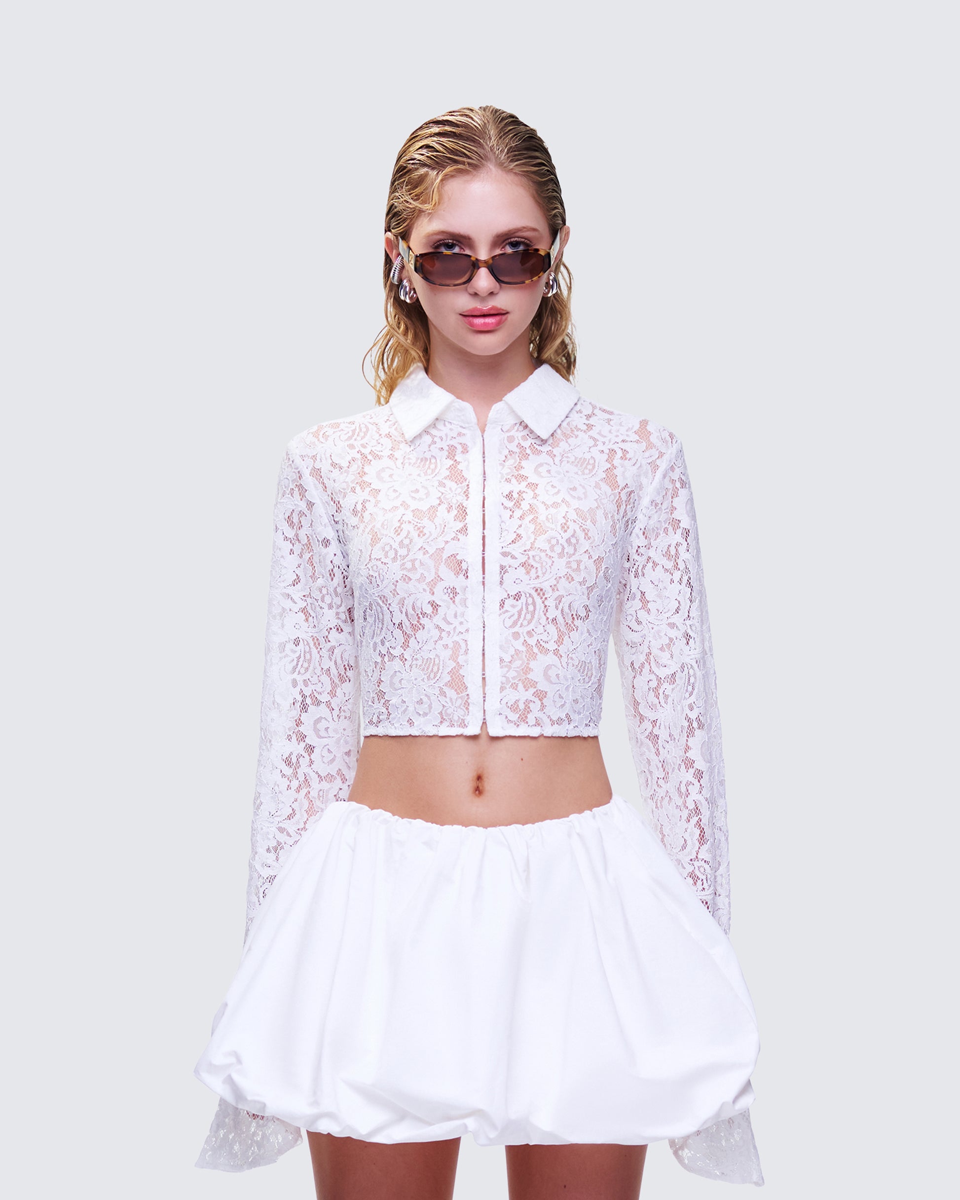 Eunji White Lace Blouse Top model front
