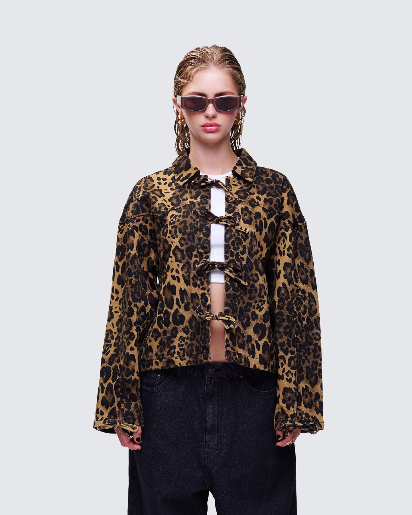 Lucretia Leopard Bow Tied Twill Shirt Jacket model front