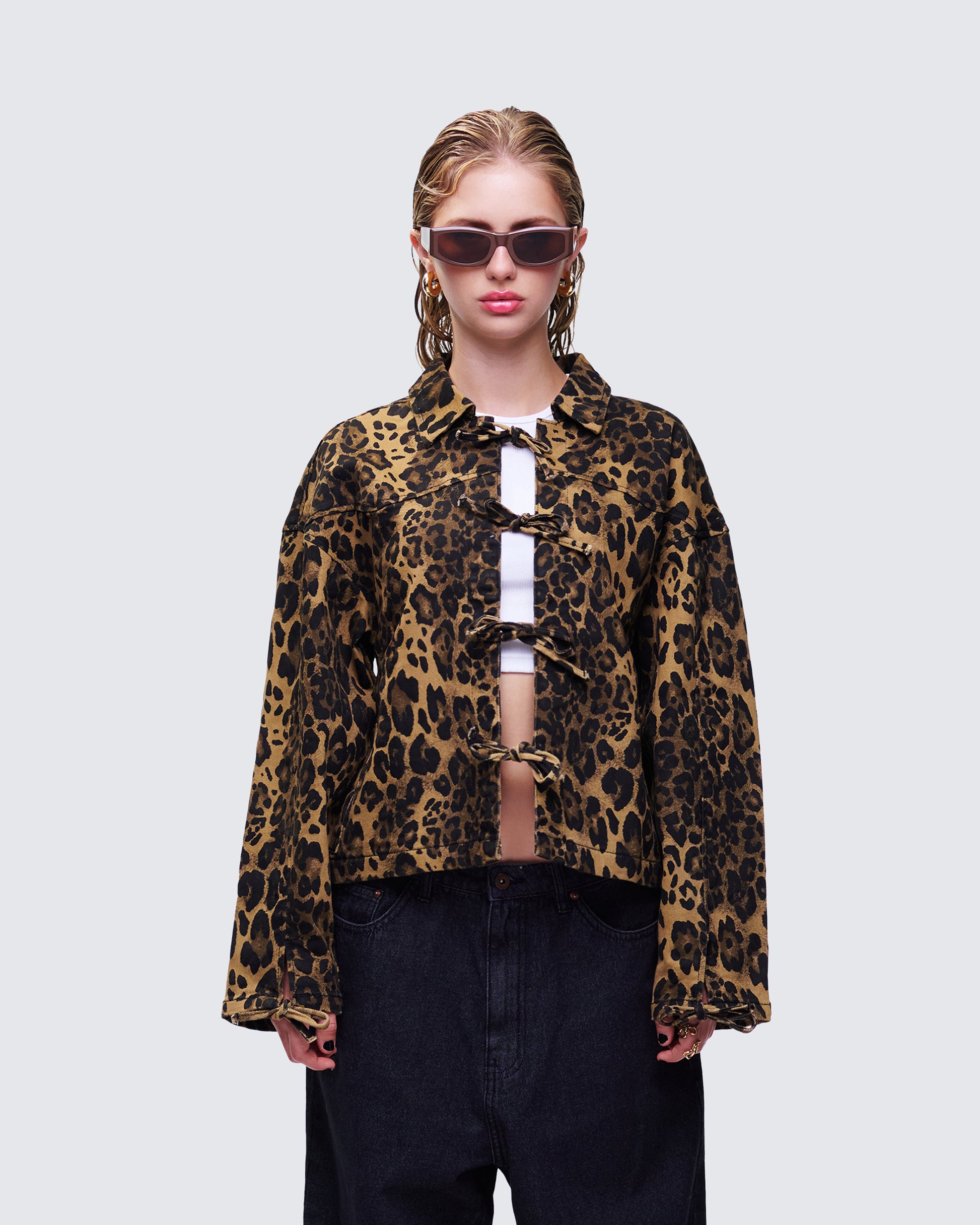 Lucretia Leopard Bow Tied Twill Shirt Jacket model front