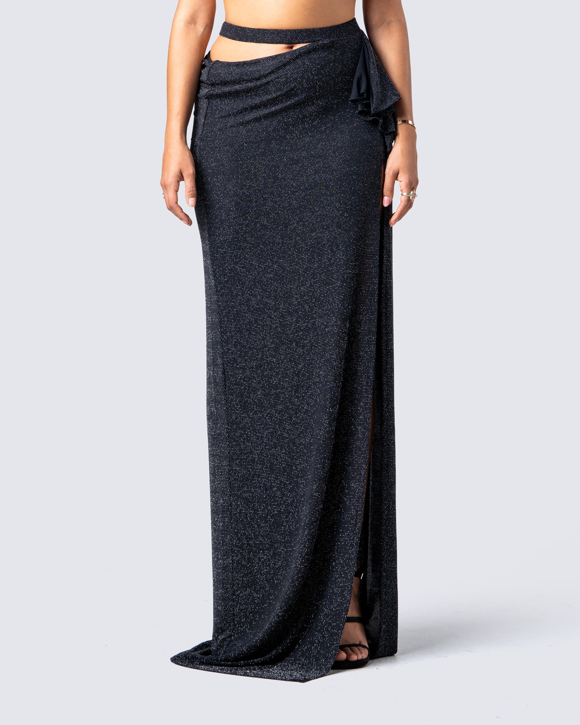 Whitney Black Shimmer Maxi Skirt model front