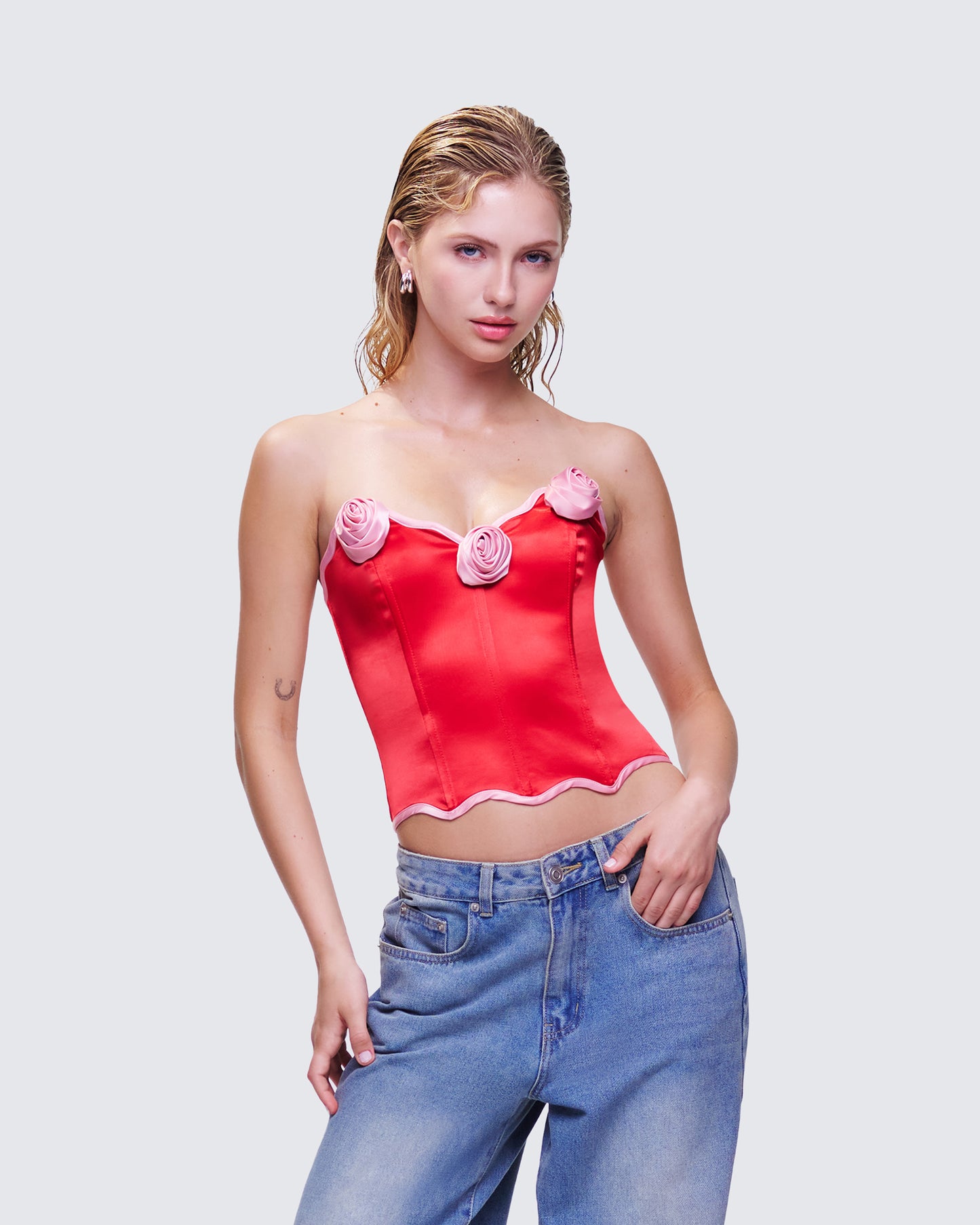 Villie Red Rose Detail Scalloped Edge Corset Top