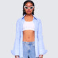 Reina Blue Poplin Ruched Shirt model front
