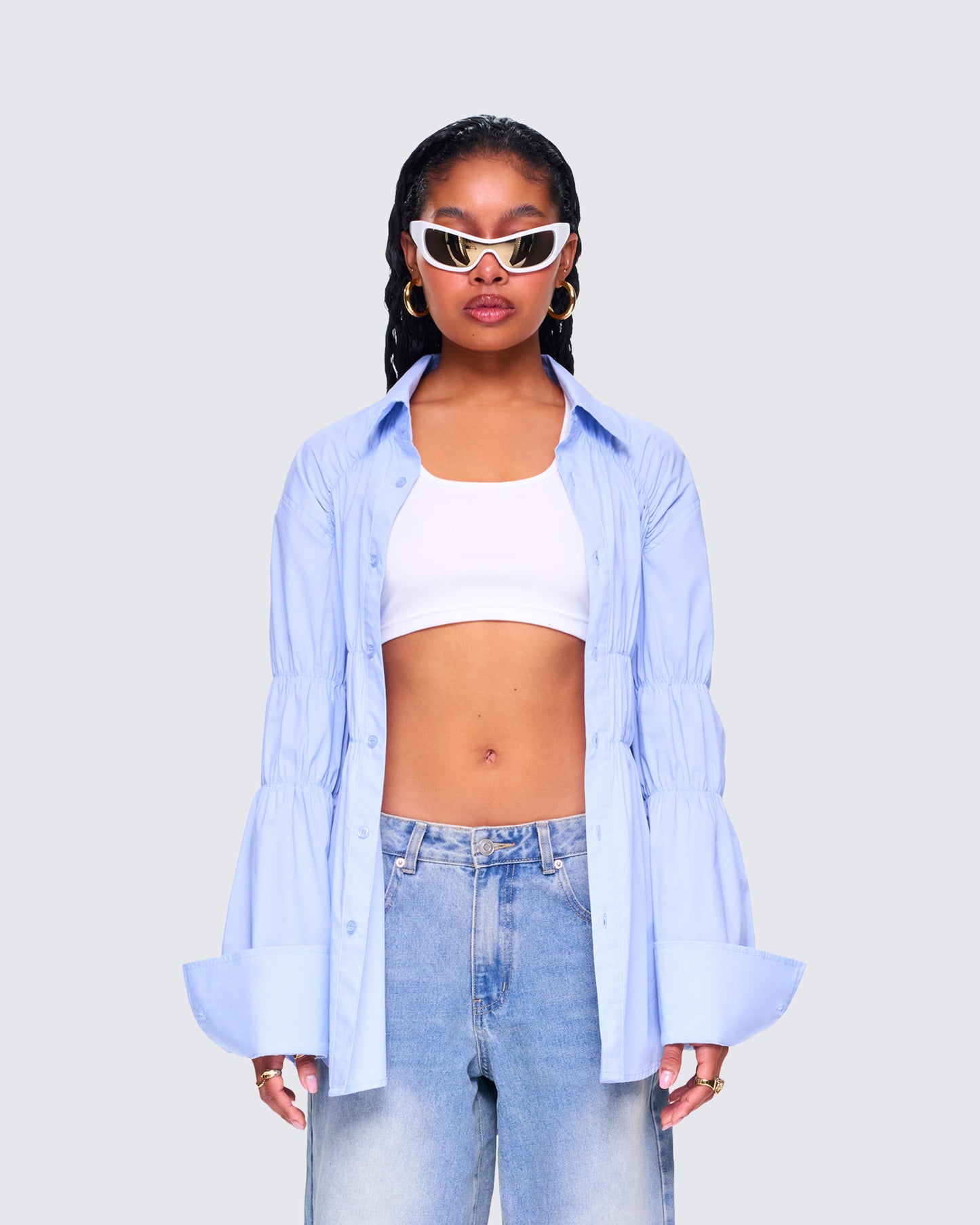Reina Blue Poplin Ruched Shirt model front
