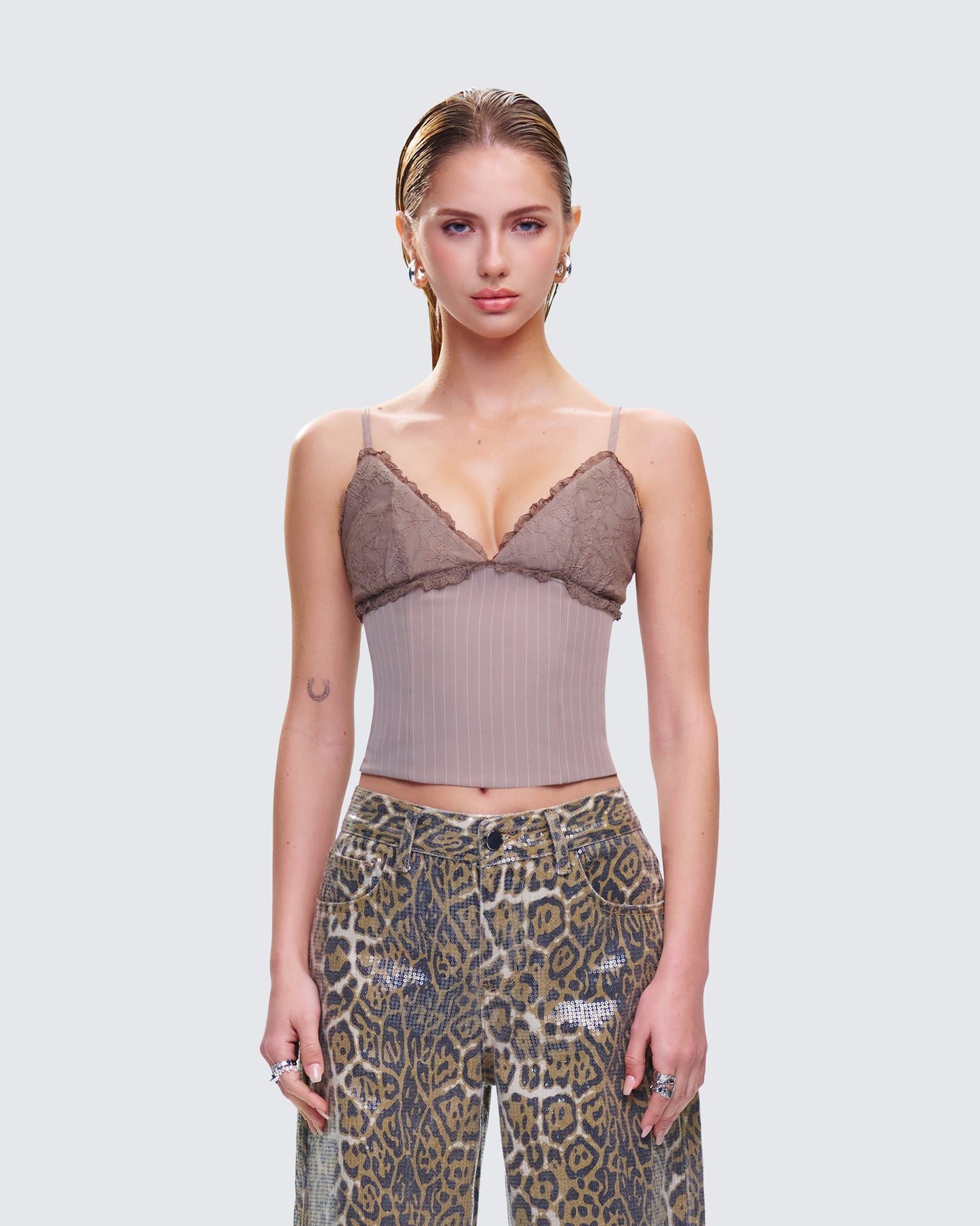 Jena Brown Pinstripe Strappy Top model front