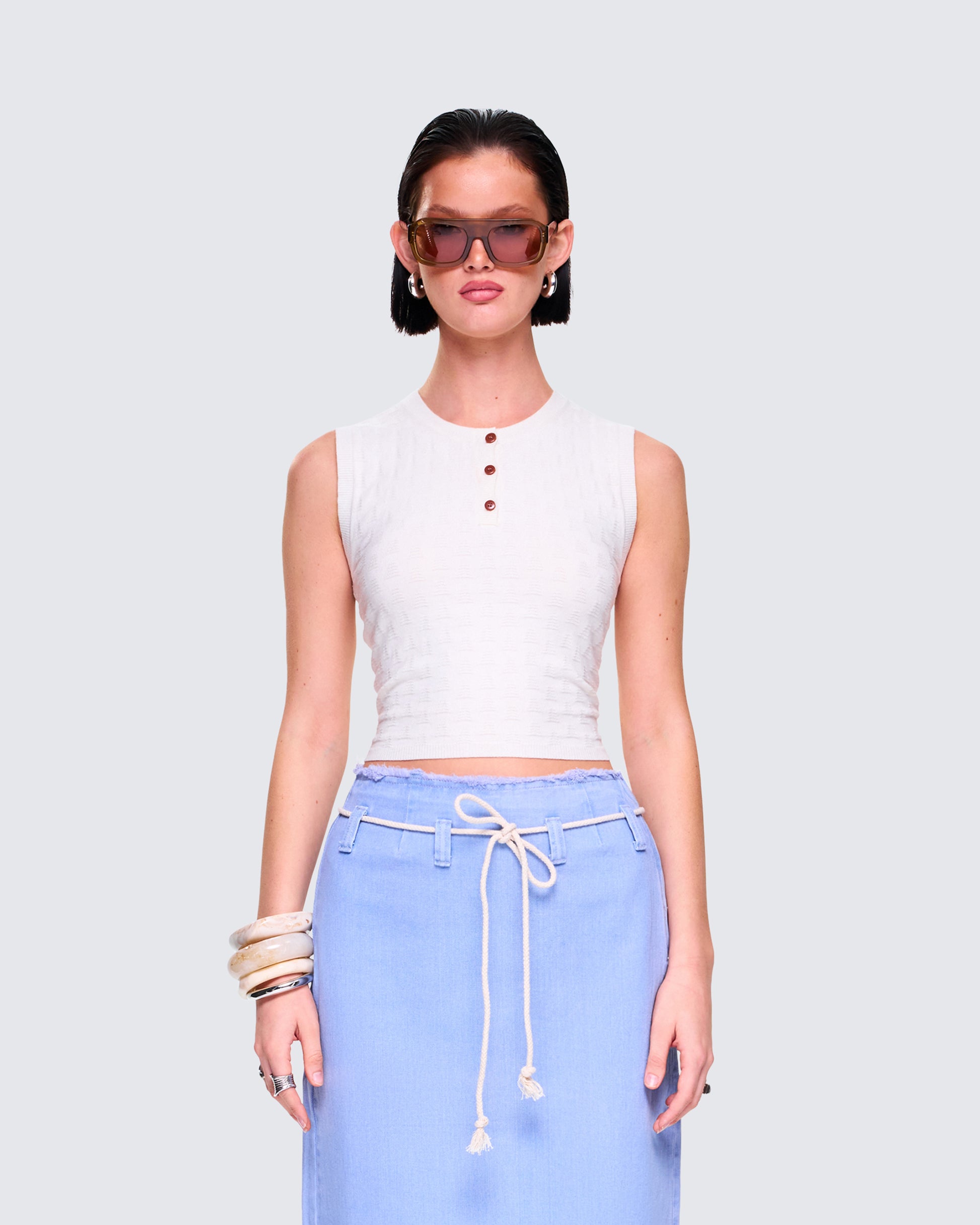 Heidi Ivory Sweater Pattern Top model front