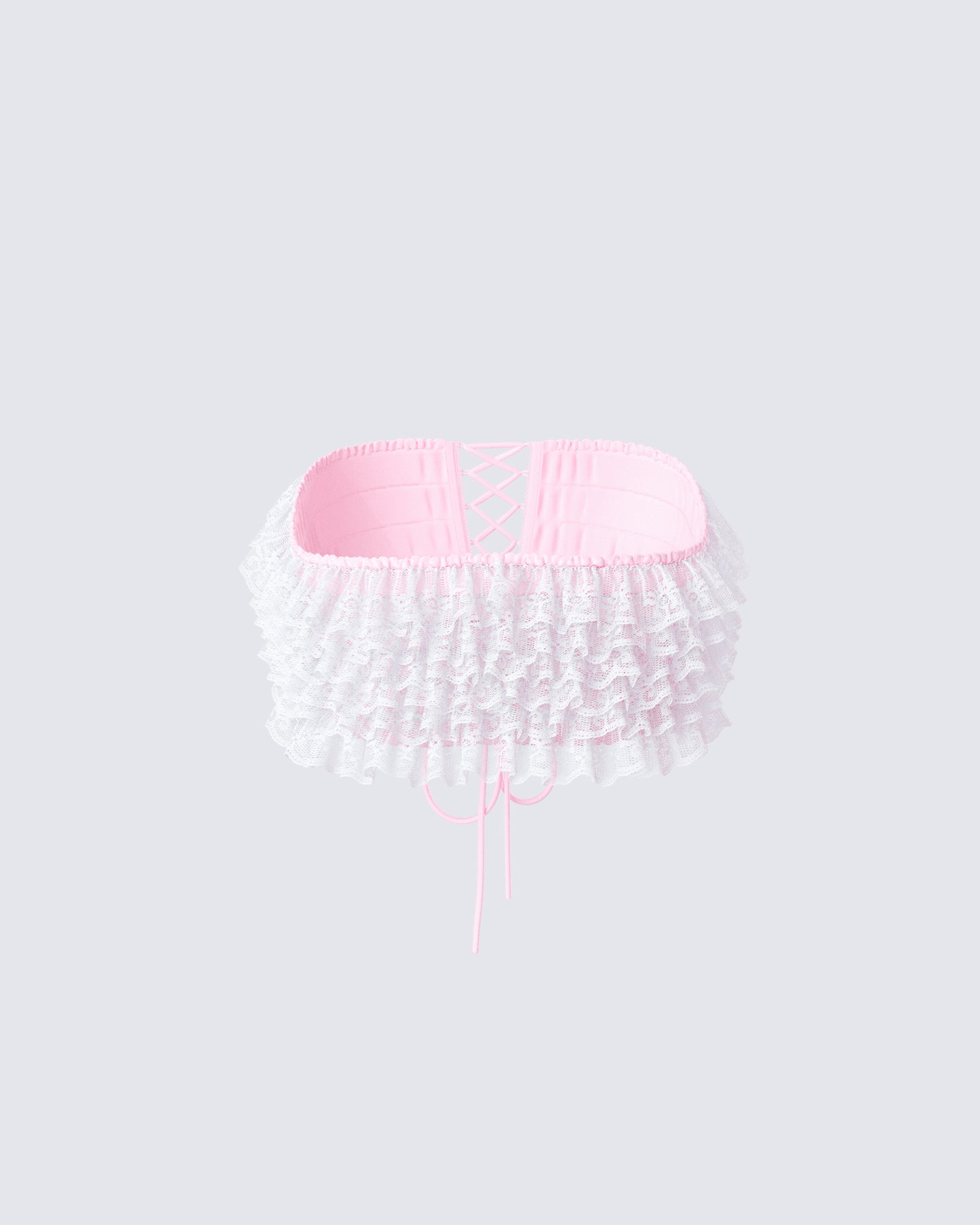 Hali Pink Lace Up Ruffle Strapless Crop Top