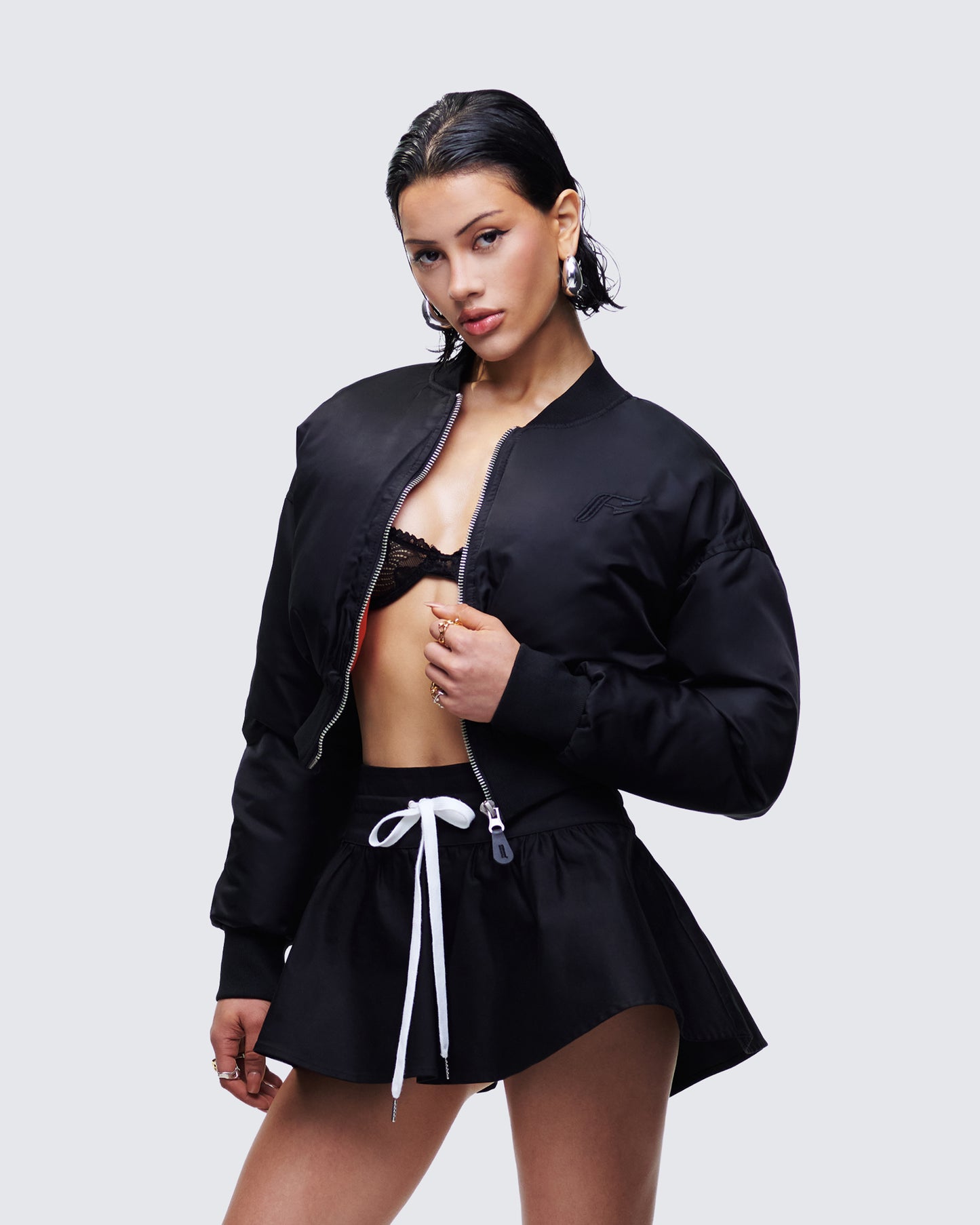 Khione Black Flight Satin Cropped Bomber Jacket
