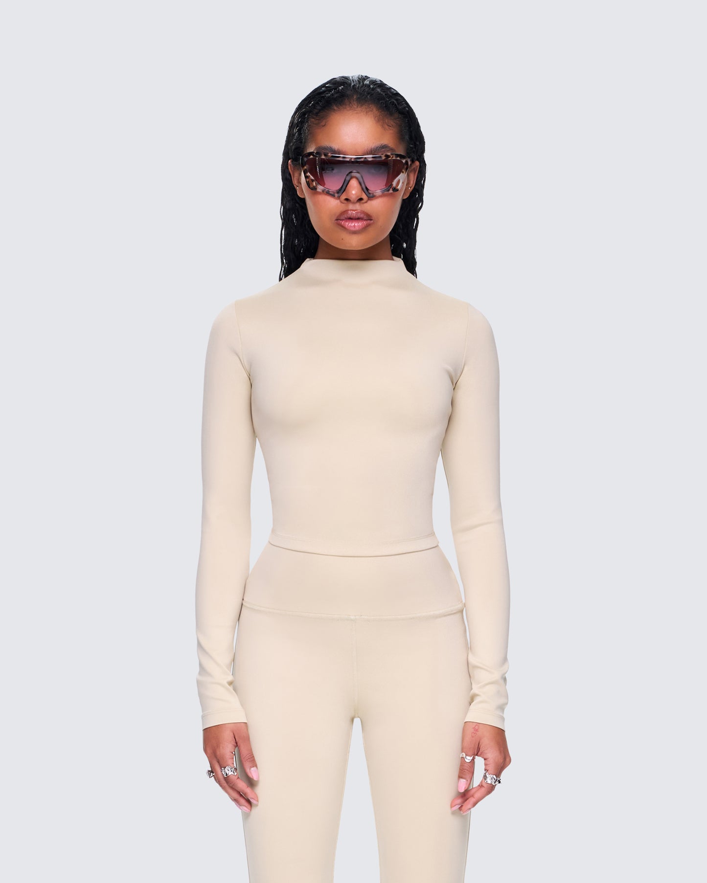 Jyn Khaki Jersey Long Sleeve Top model front