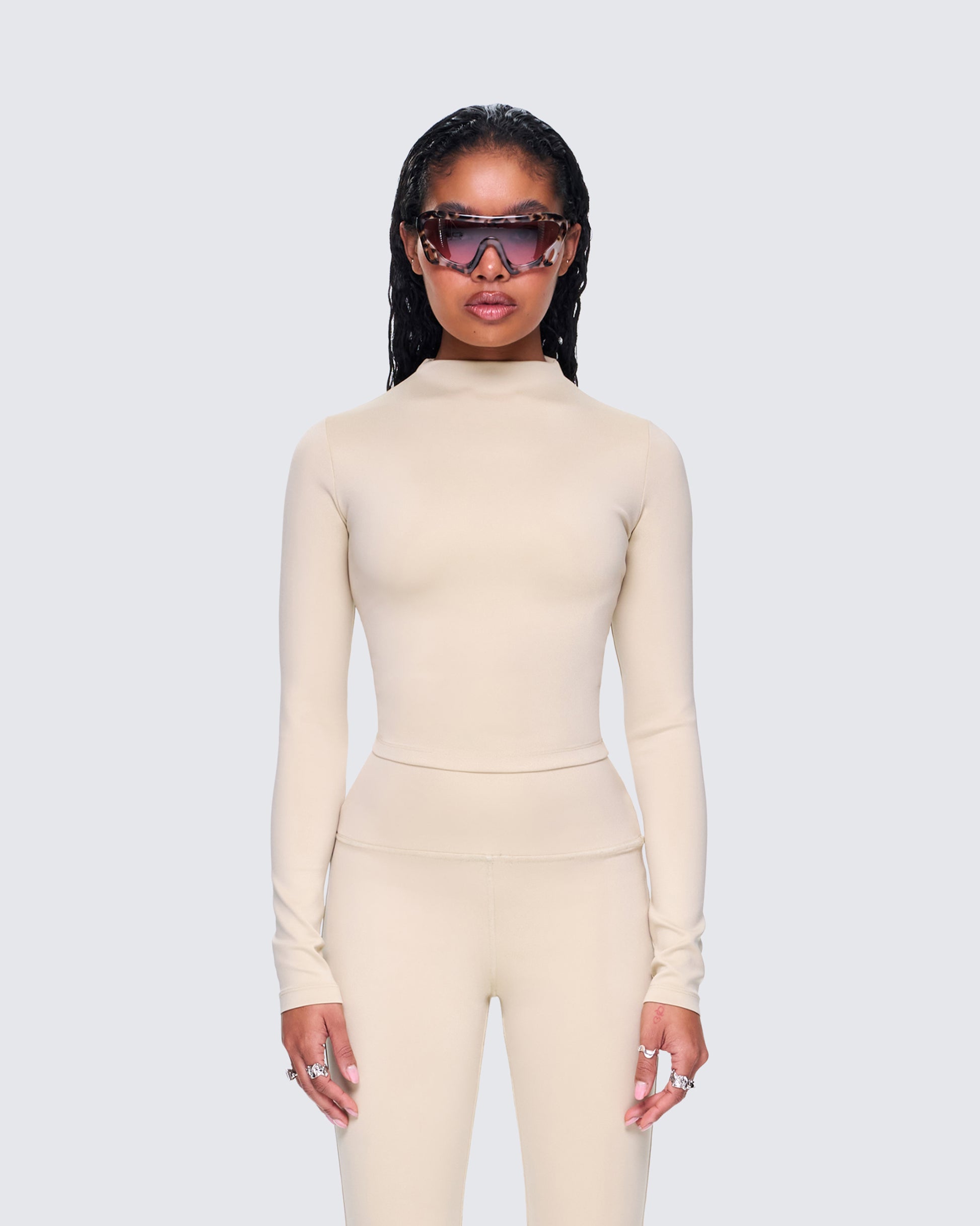 Jyn Khaki Jersey Long Sleeve Top model front