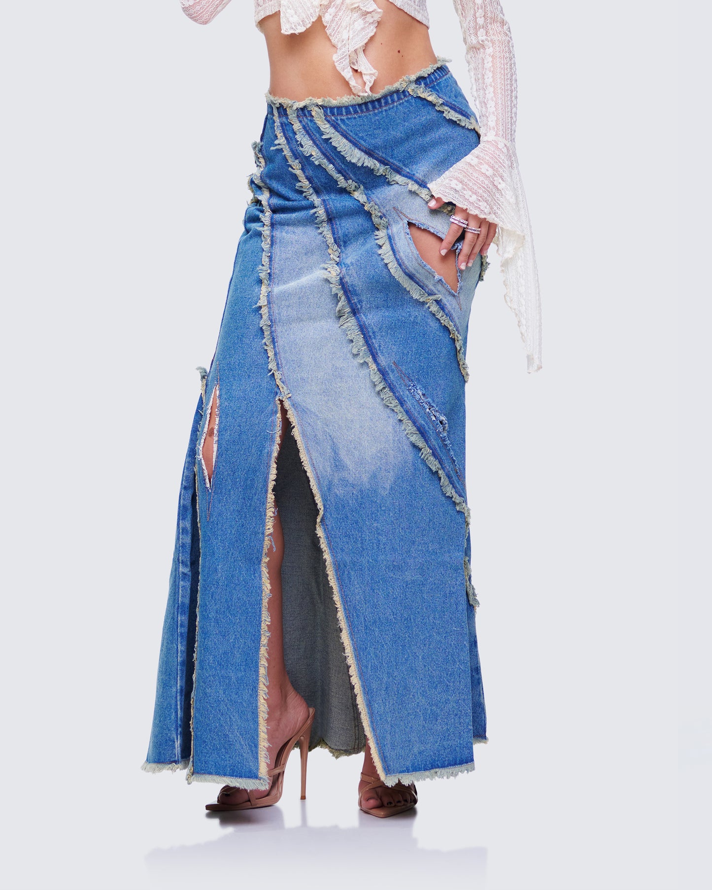 Briony Blue Denim Frayed Maxi Skirt
