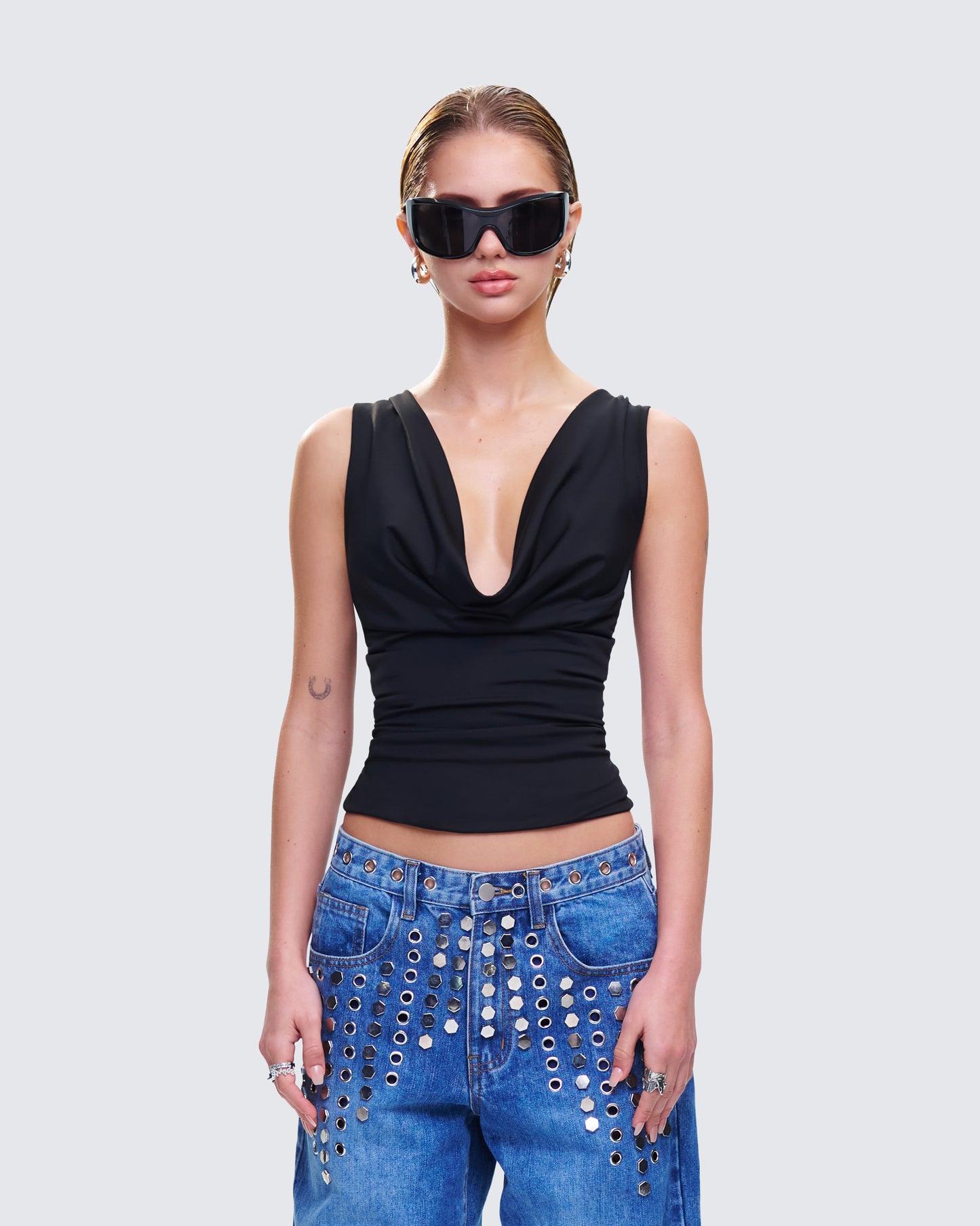 Mavi Black Chain Trim Cowl Top model front