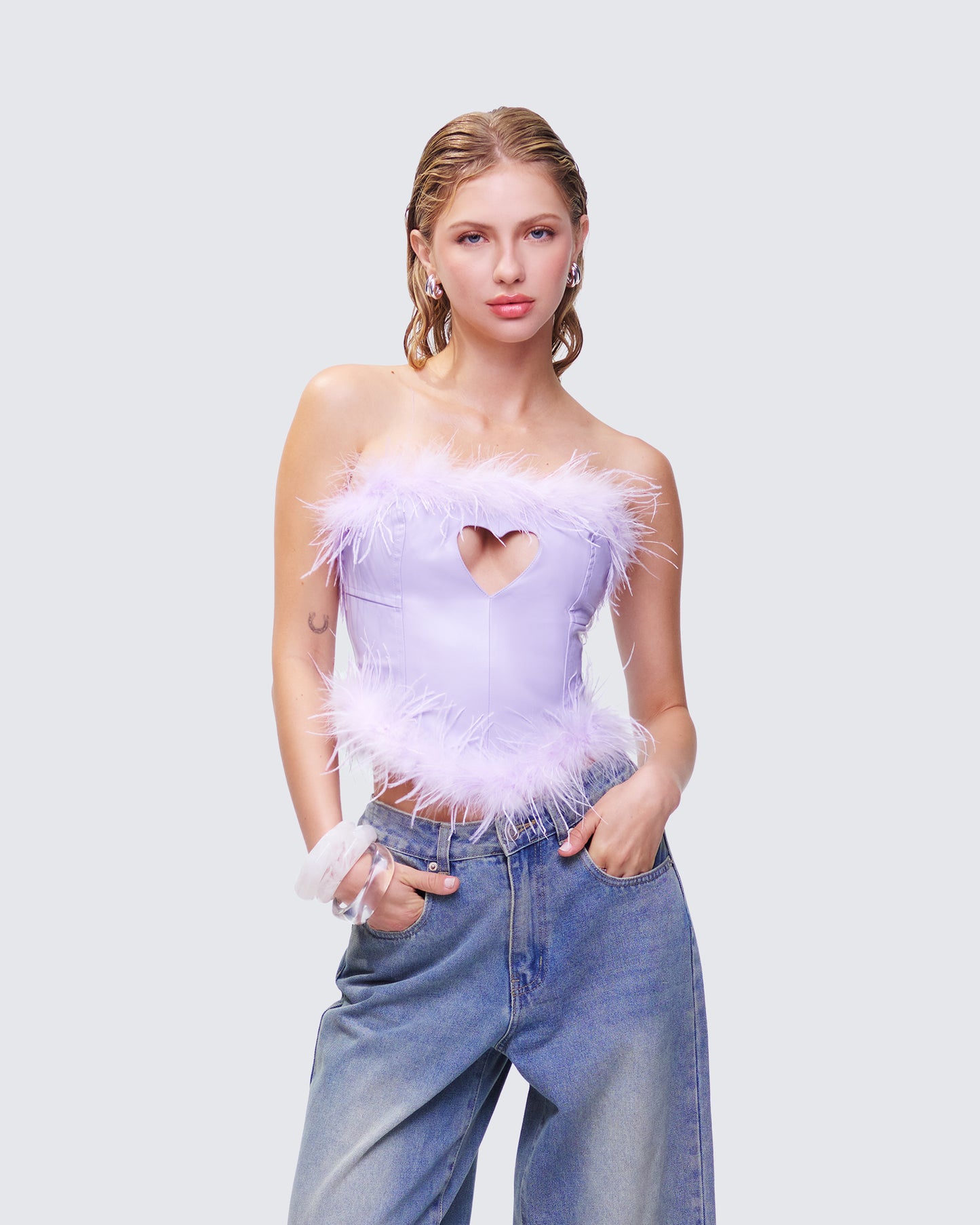 Abrielle Purple Cut Out Feather Corset Top