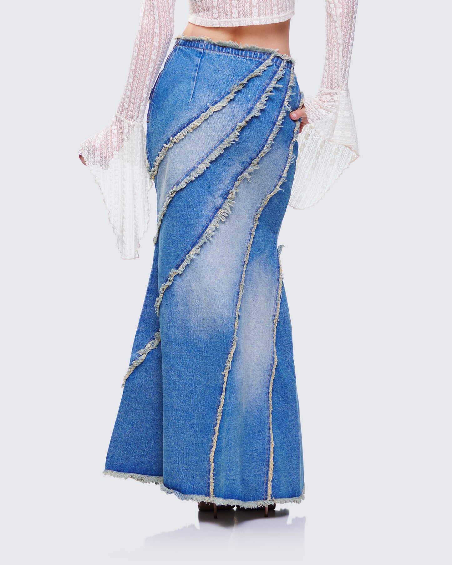 Briony Blue Denim Frayed Maxi Skirt