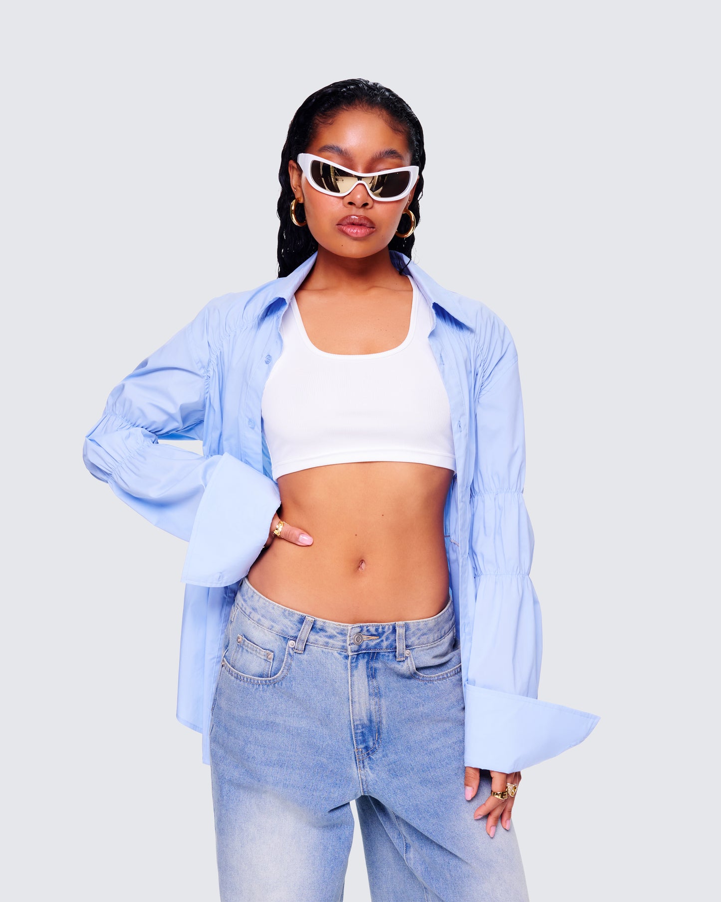 Reina Blue Poplin Ruched Shirt
