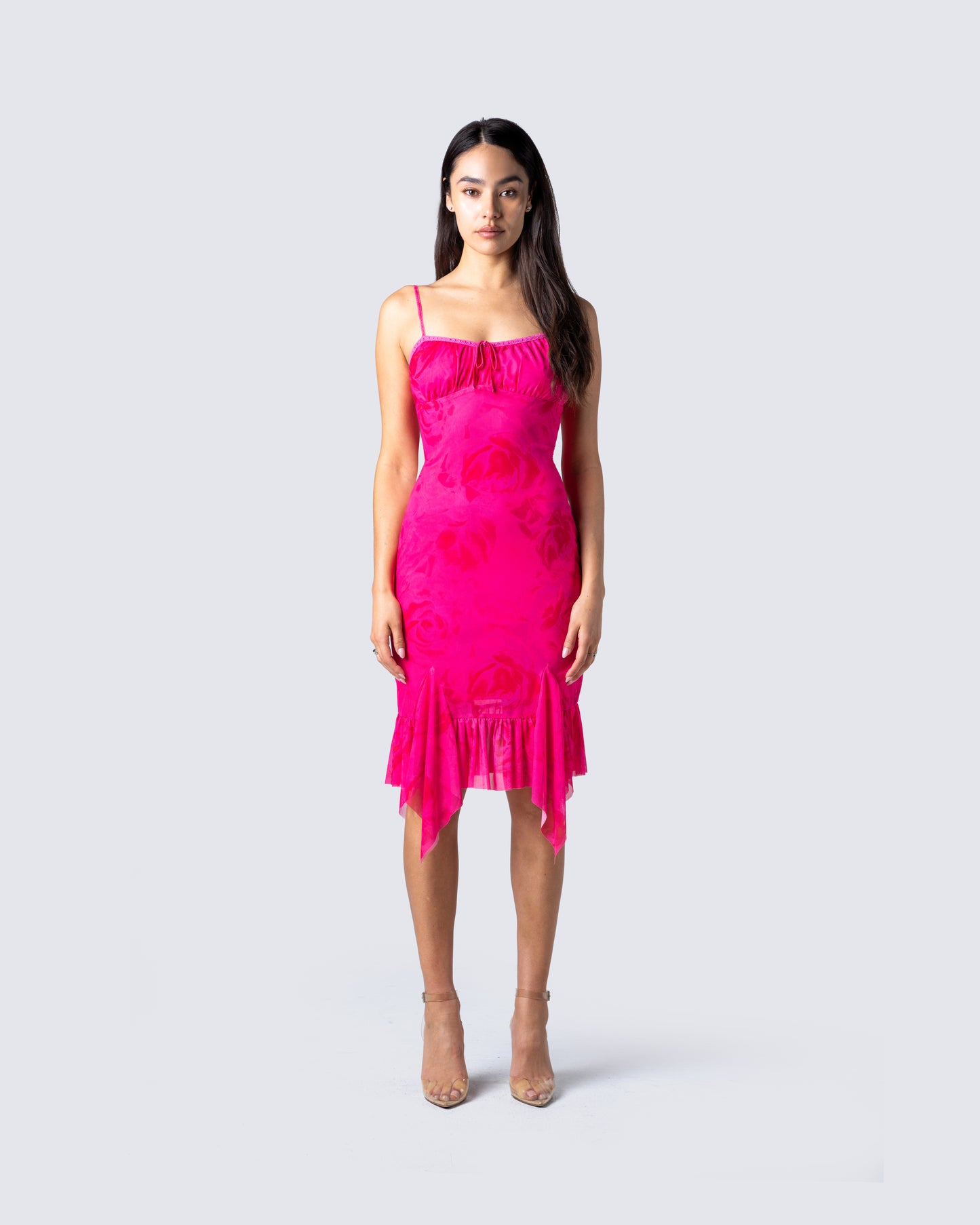 Micah Pink Flower Print Midi Dress model front