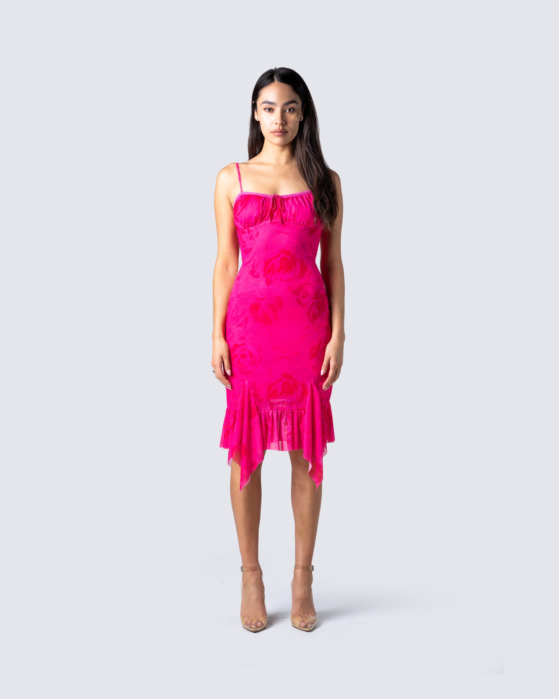 Micah Pink Flower Print Midi Dress model front