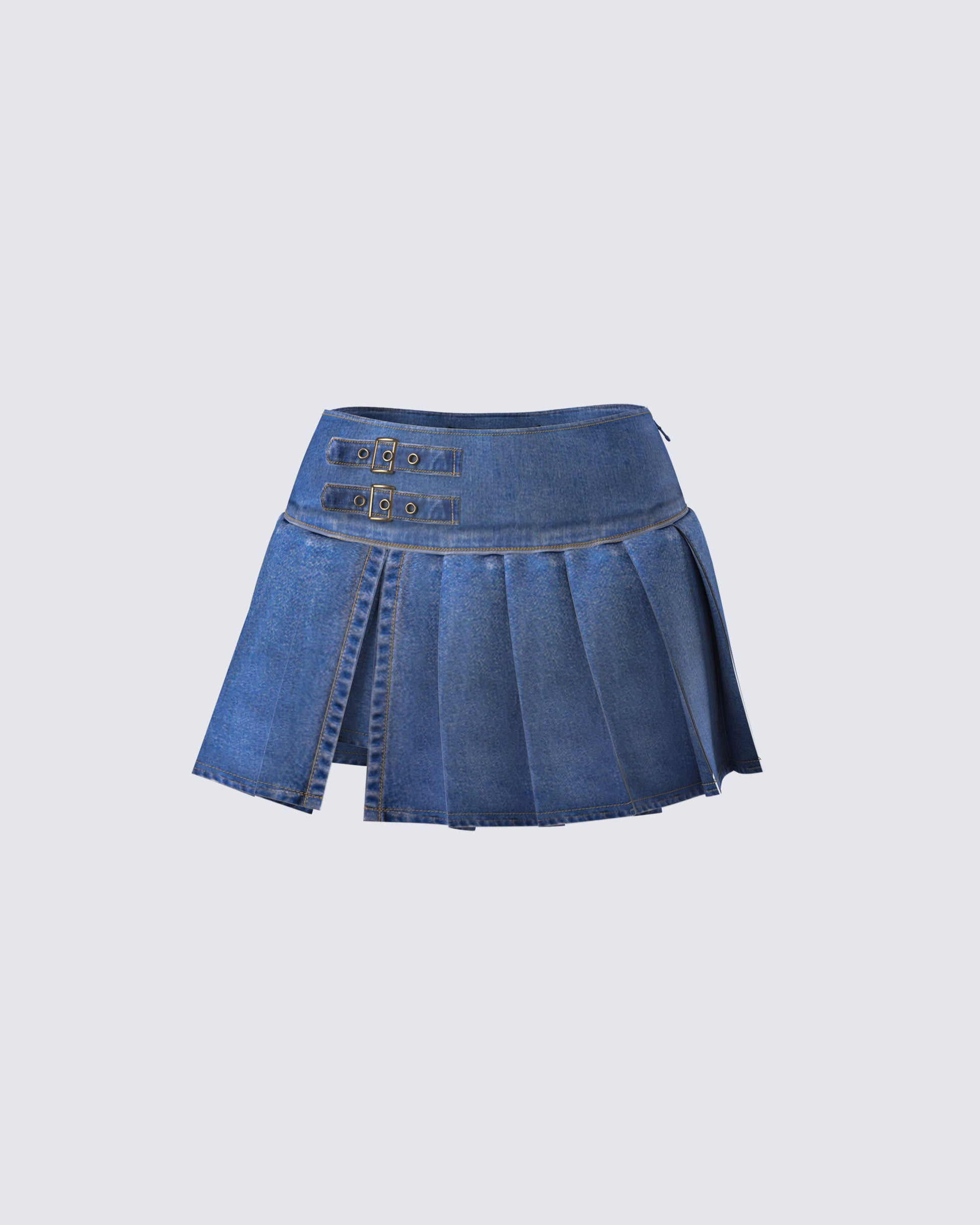 Alazne Blue Denim Pleated Micro Mini Skirt product front
 