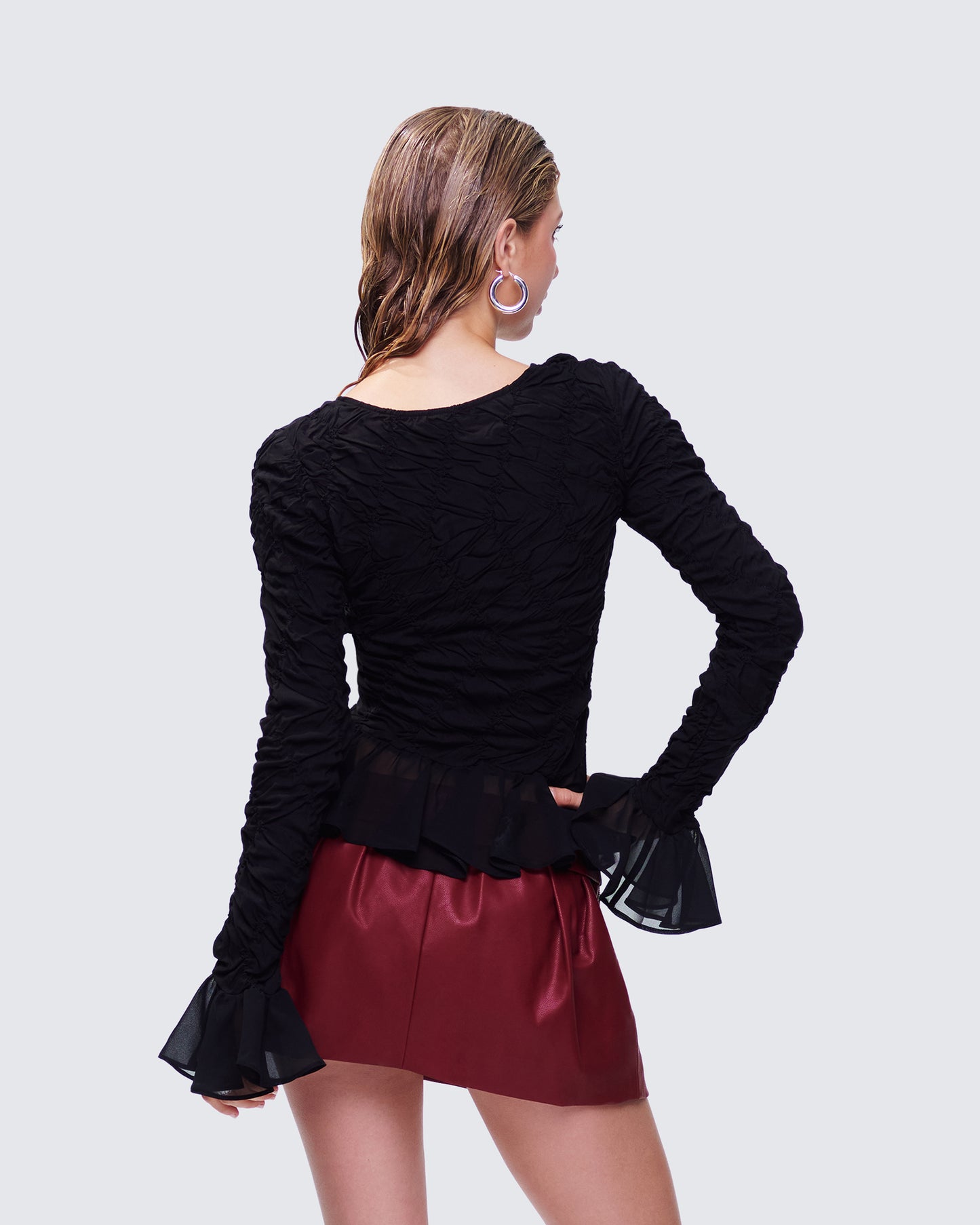 Eilis Black Texture Flute Cuff Blouse