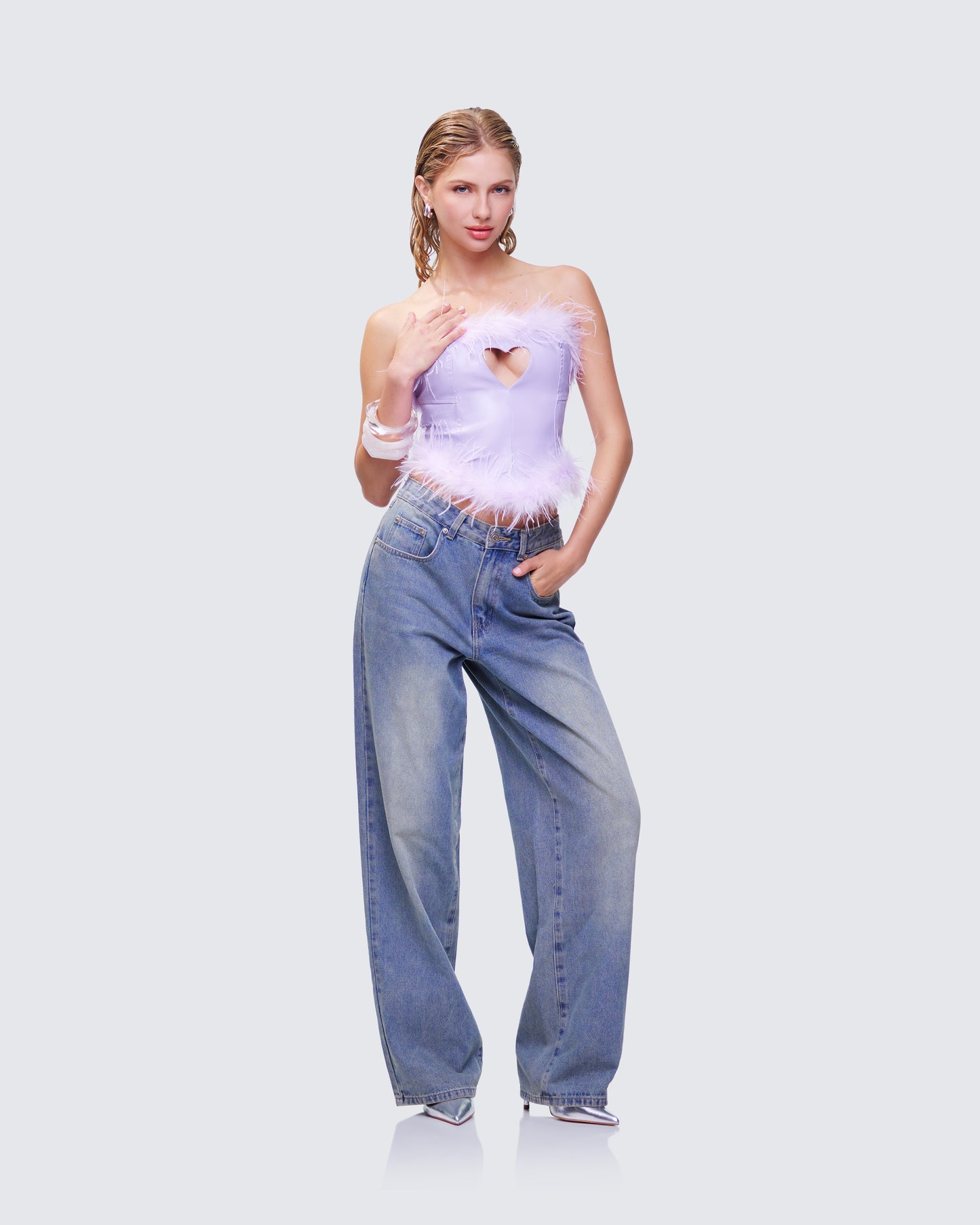 Abrielle Purple Cut Out Feather Corset Top