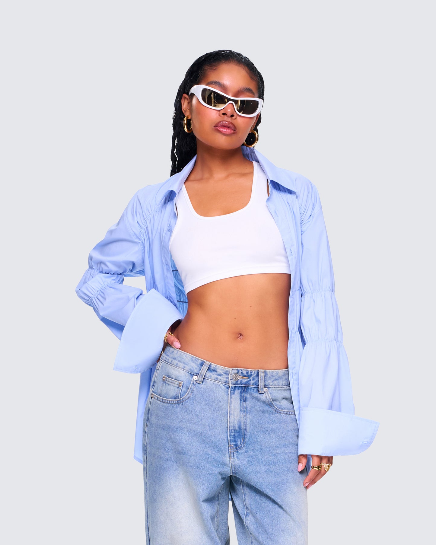 Reina Blue Poplin Ruched Shirt