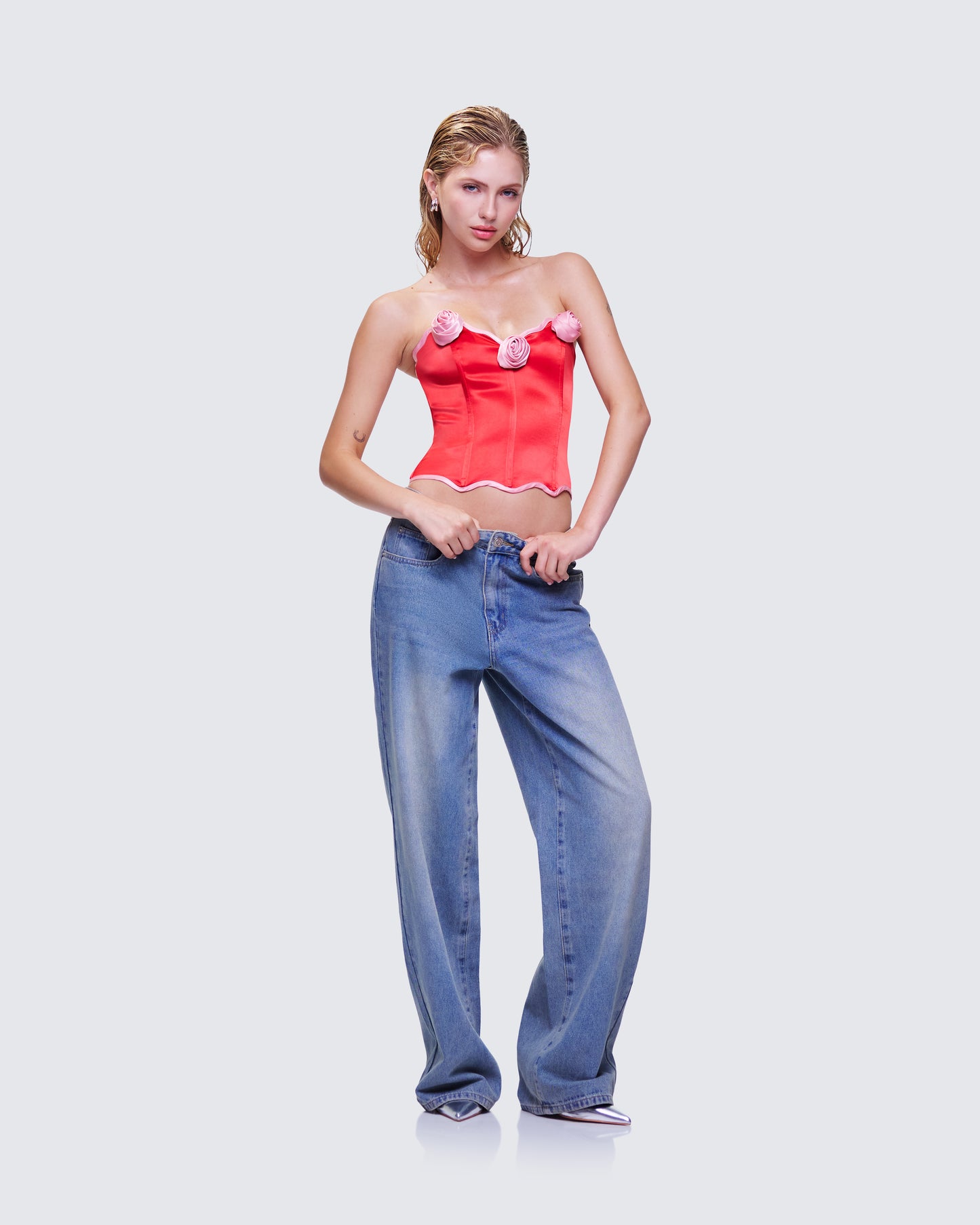 Villie Red Rose Detail Scalloped Edge Corset Top