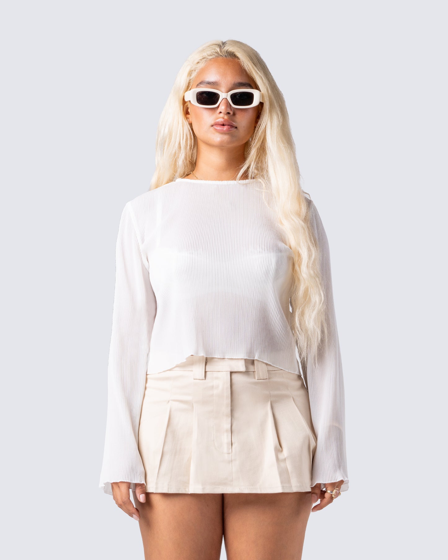 Emil White Plisse Long Sleeve Top model front