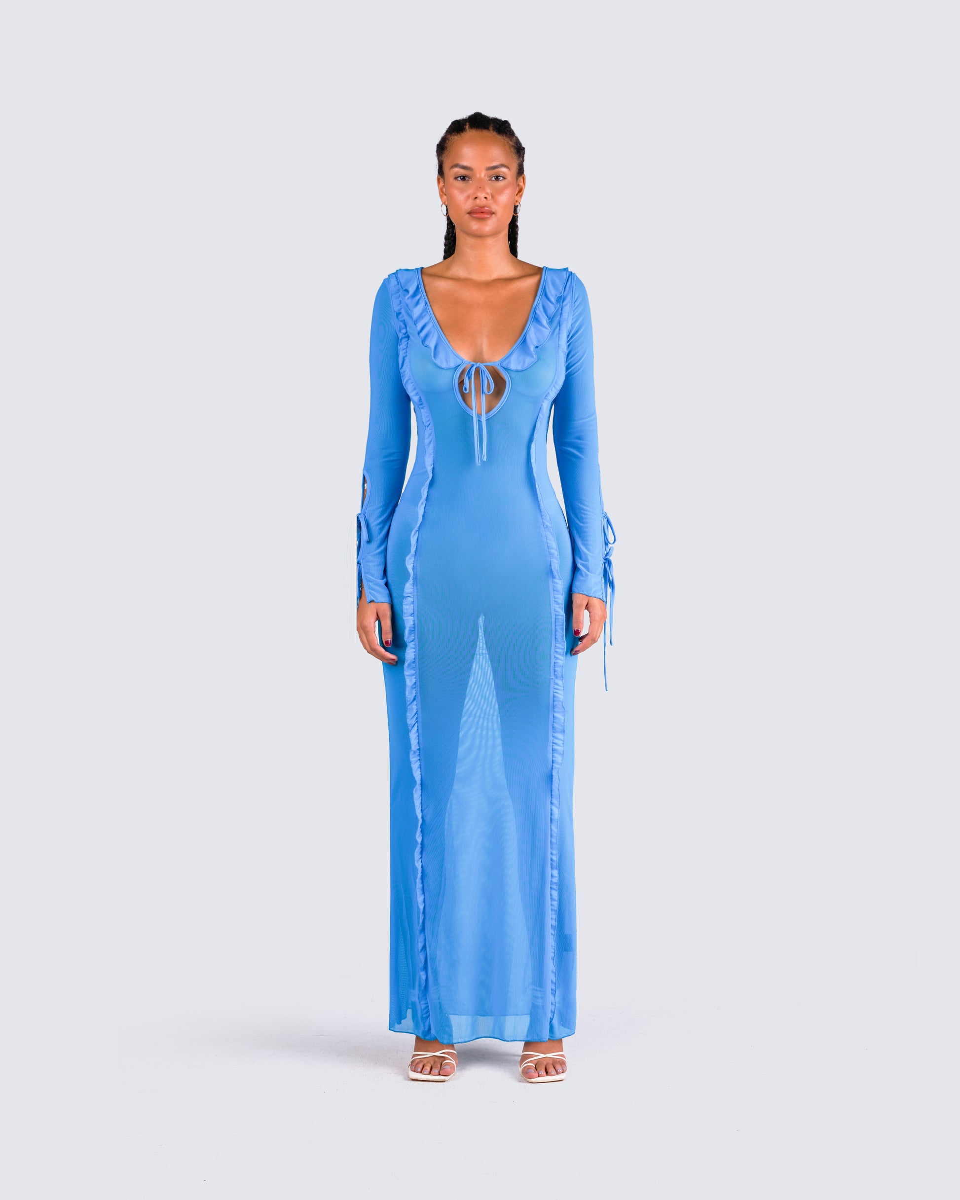 Florence Blue Mesh Maxi Dress model front