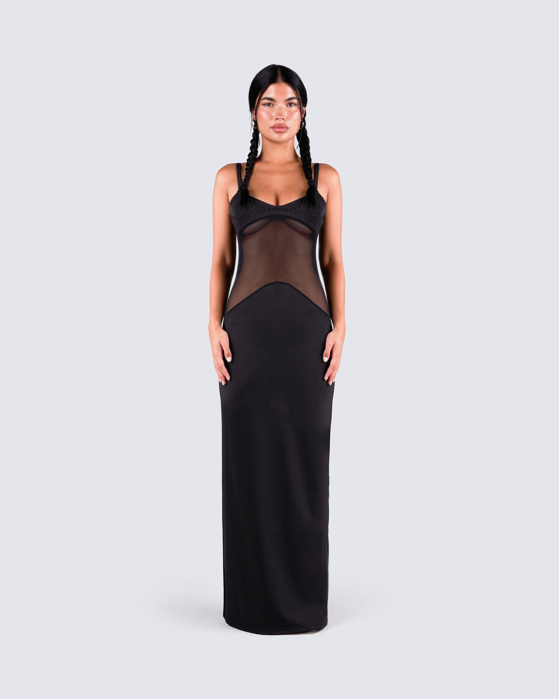 Tahlia Black Rhinestone Maxi Dress model front