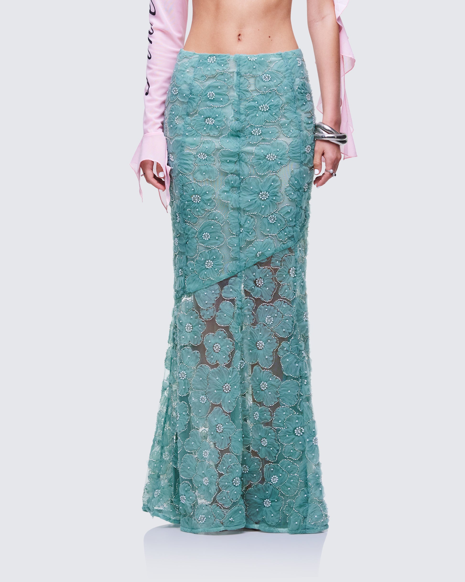 Delancy Blue Embroidered Midi Skirt model front