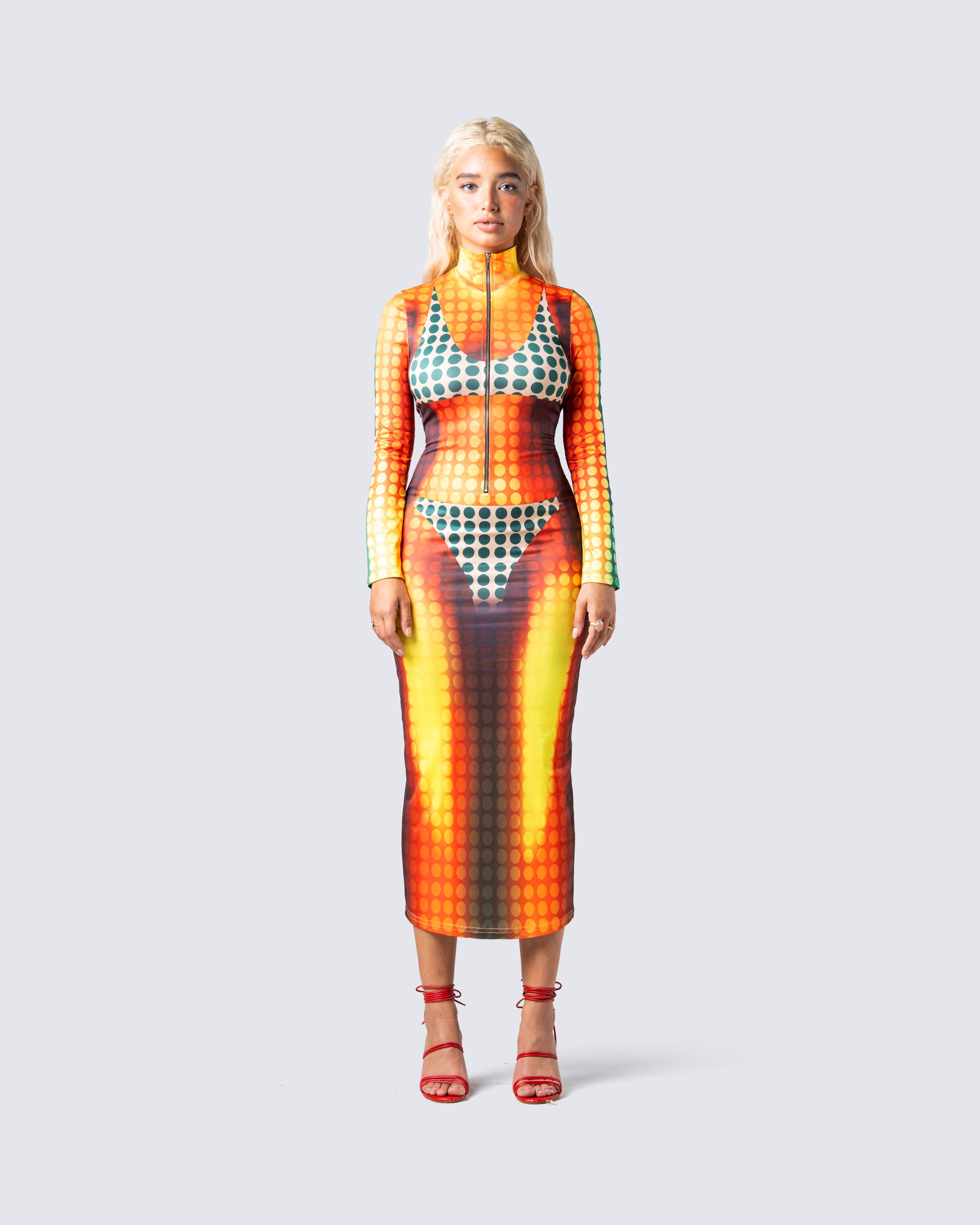 Amira Multi Polka Dot Print Dress model front