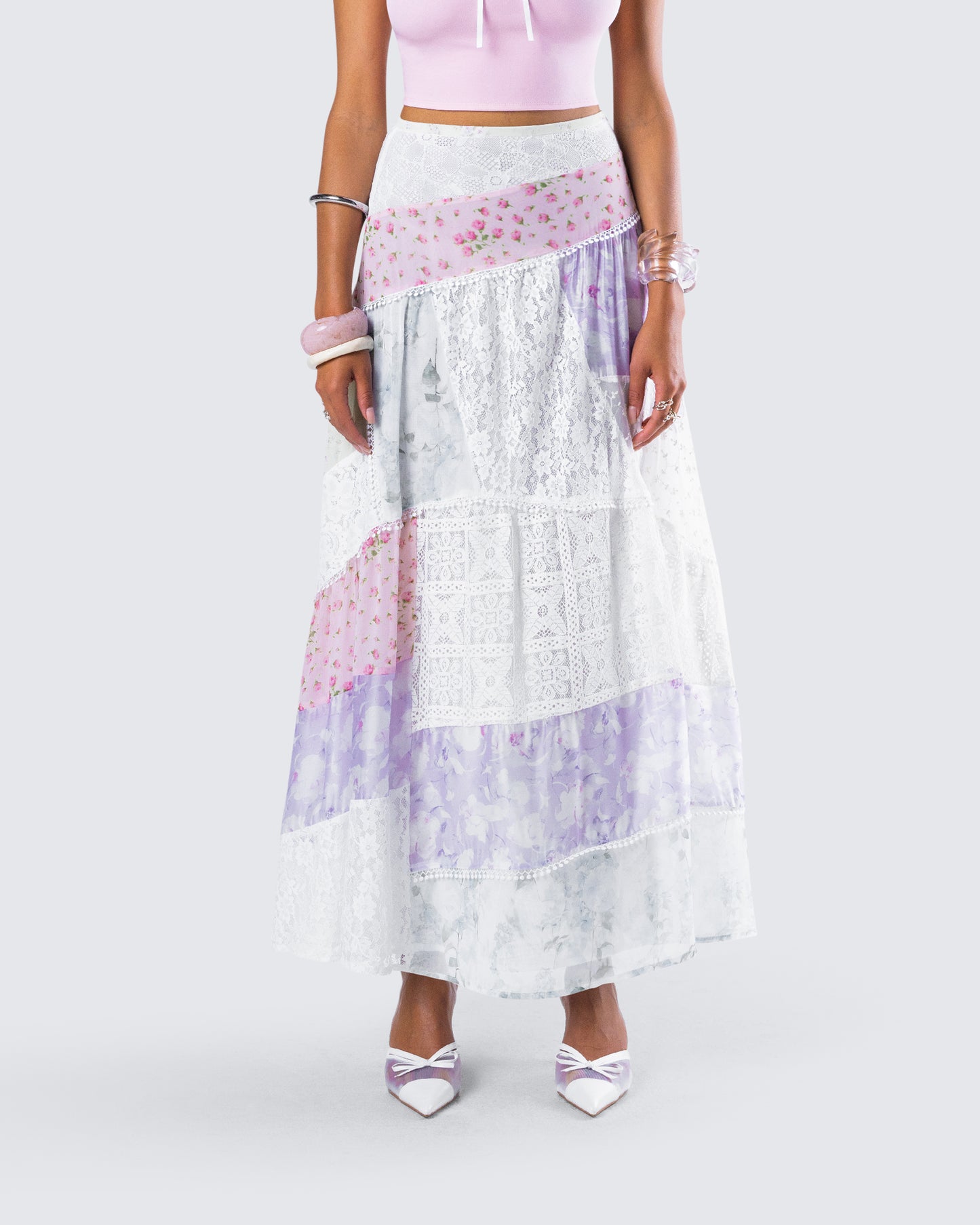 Abby Multi Floral Print Maxi Skirt model front