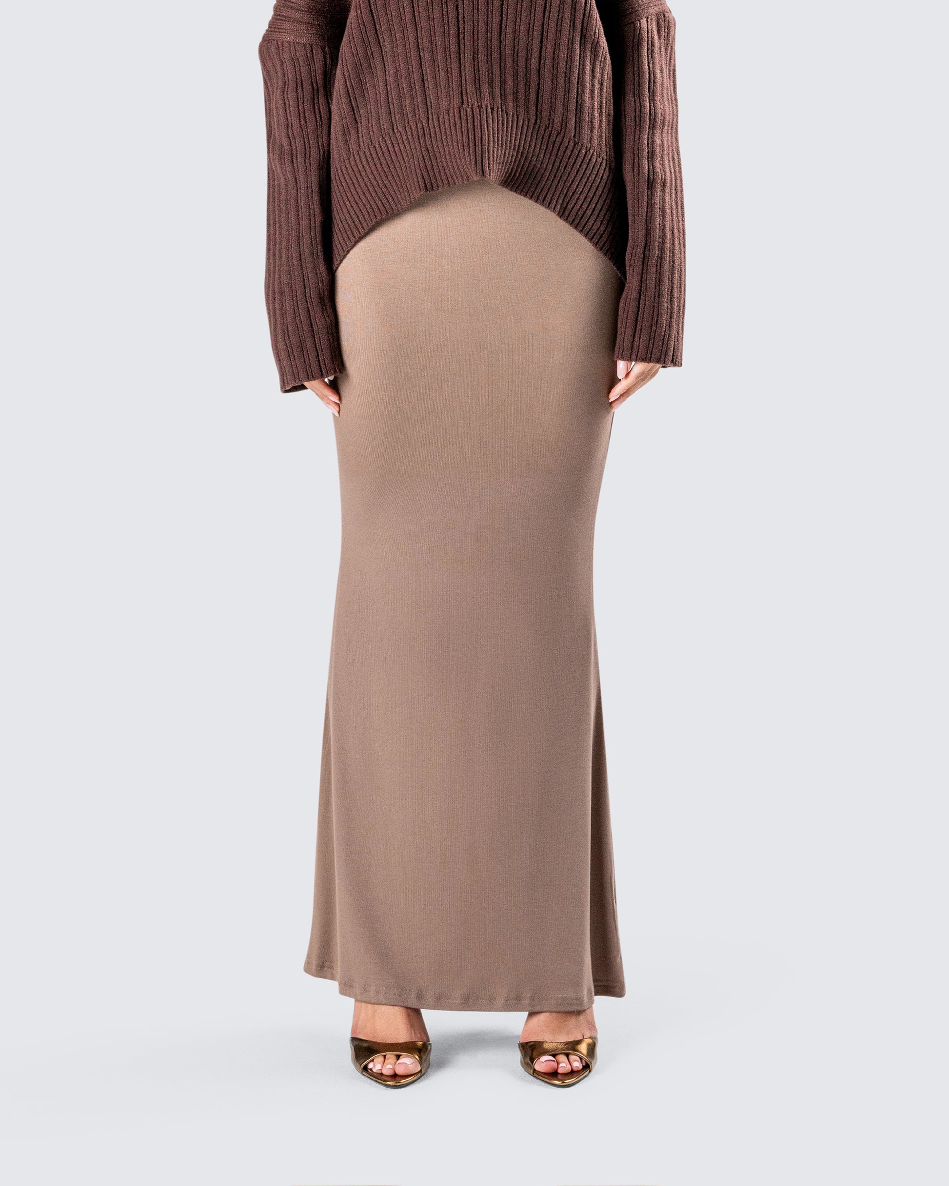 Abra Taupe Maxi Skirt model front