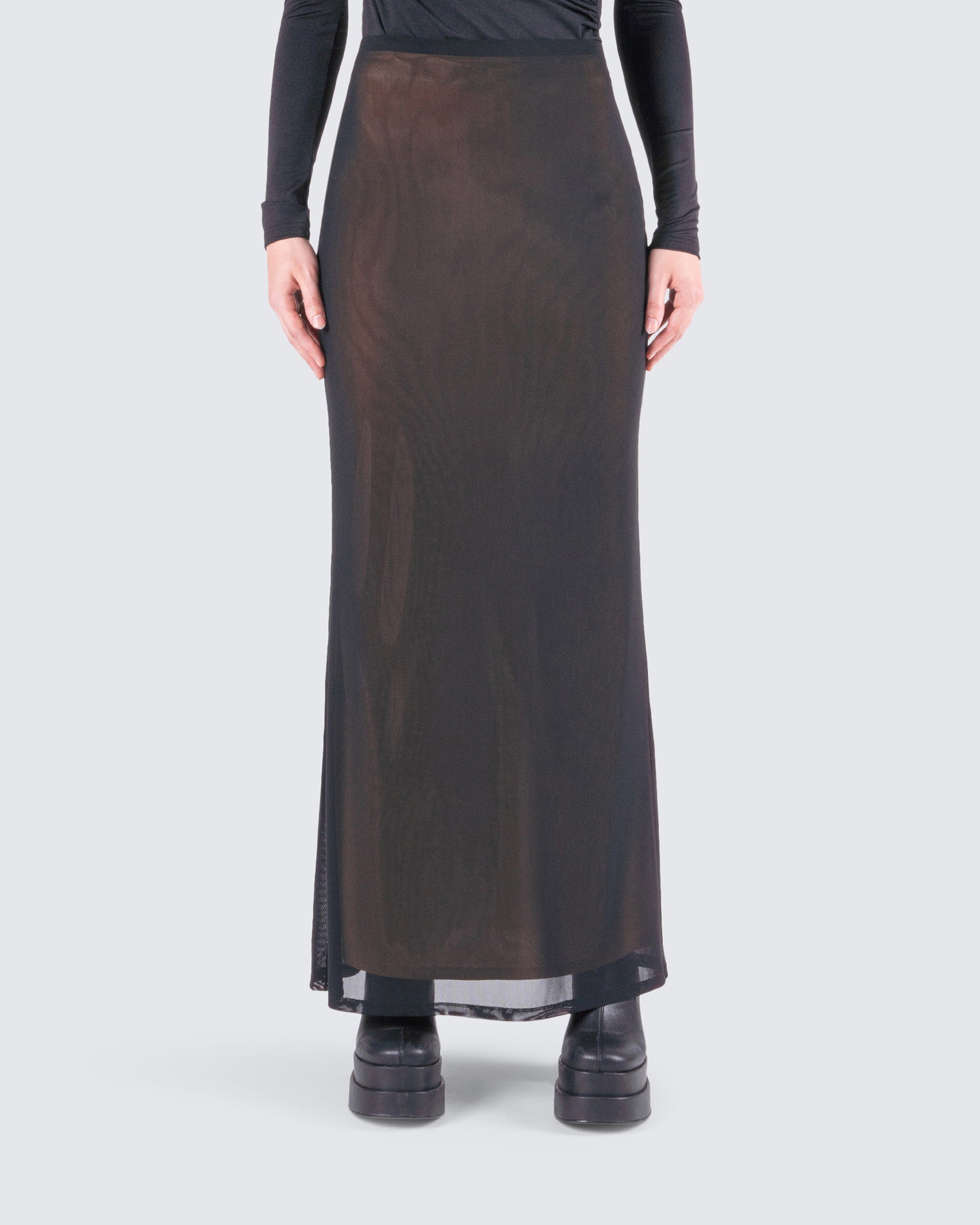 Aela Black Mesh Maxi Skirt model front