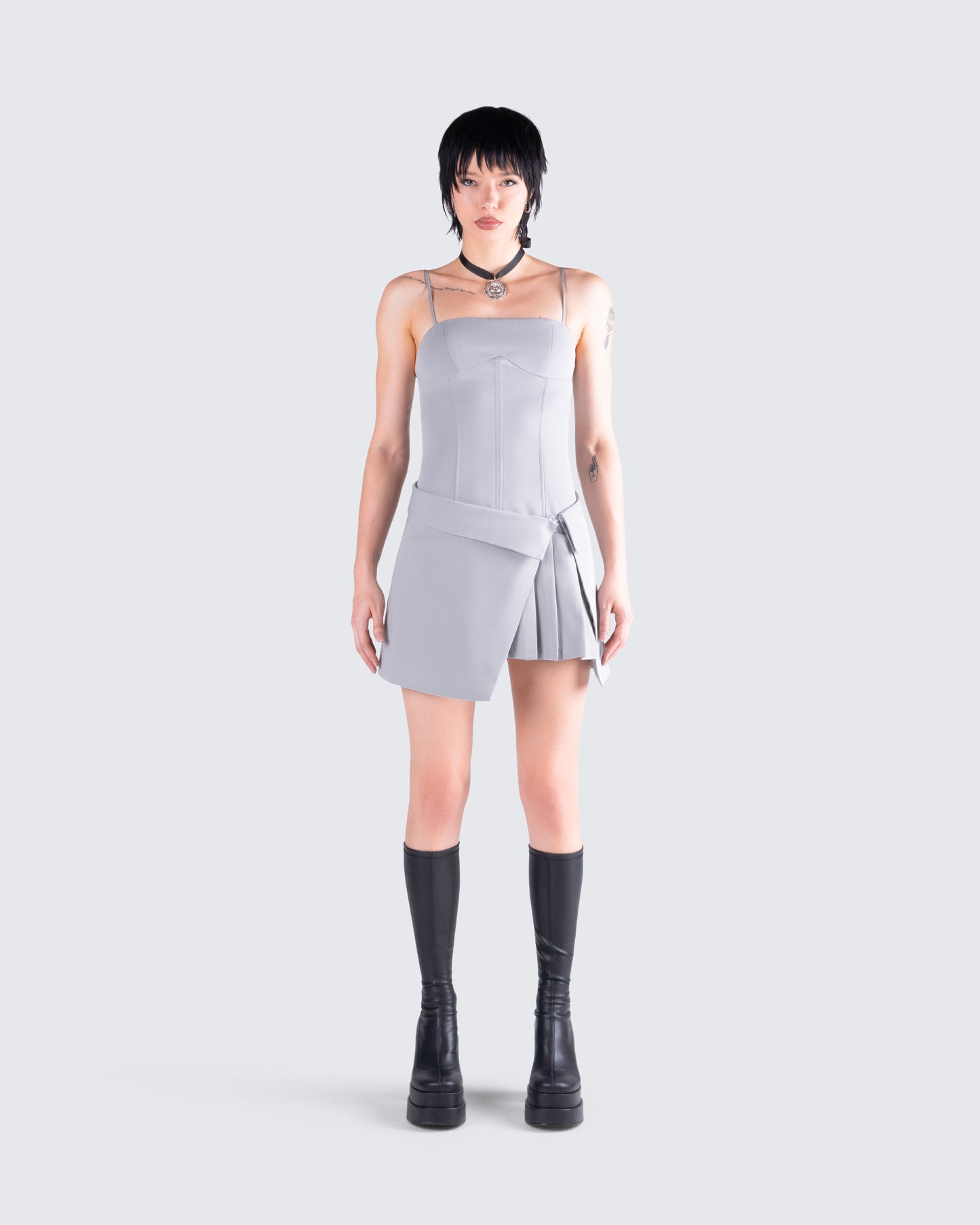 Aeris Grey Corset Mini Dress model front