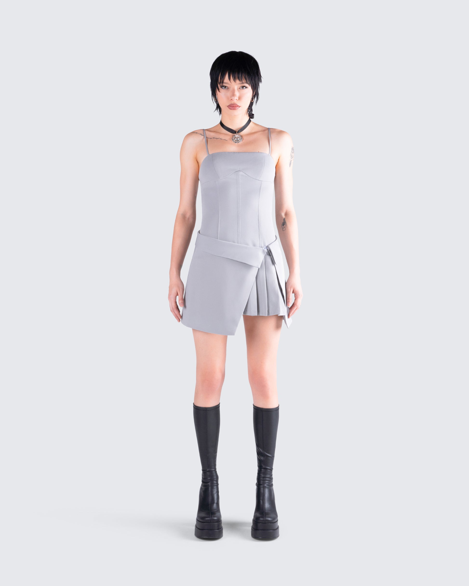 Aeris Grey Corset Mini Dress model front