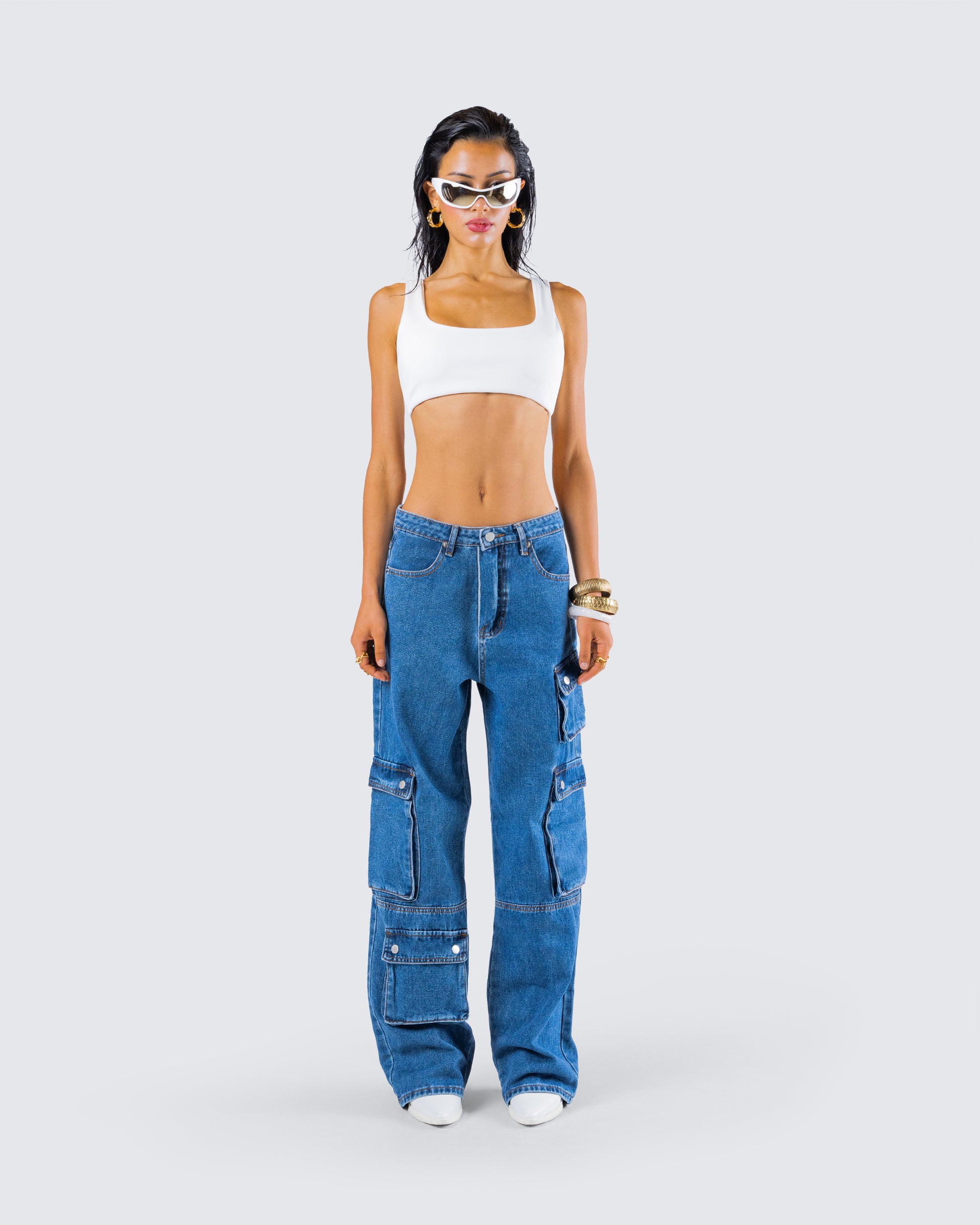 Agnetha Denim Cargo Set model front