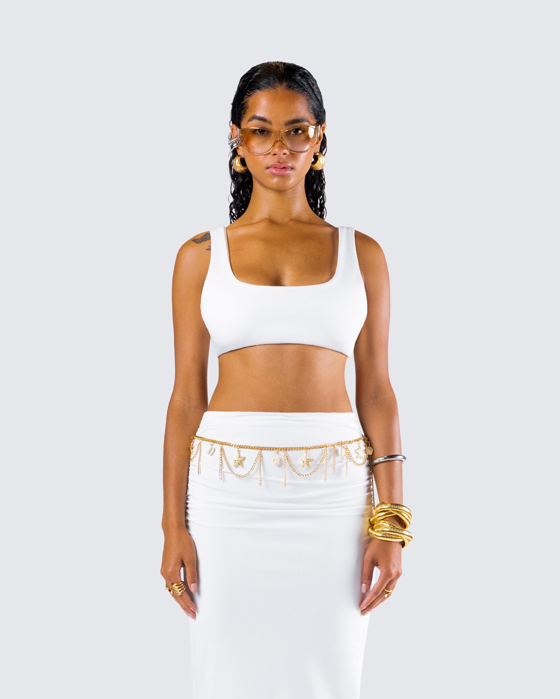 Agnetha White Jersey Bra Top model front