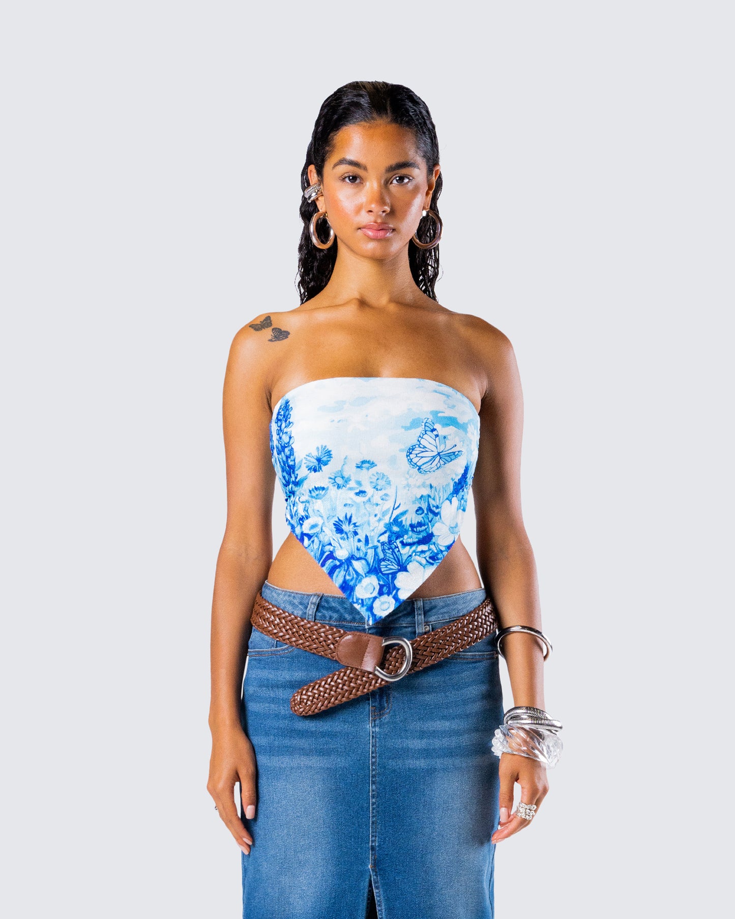 Ahmeira Blue Floral Print Tube Top  model front
