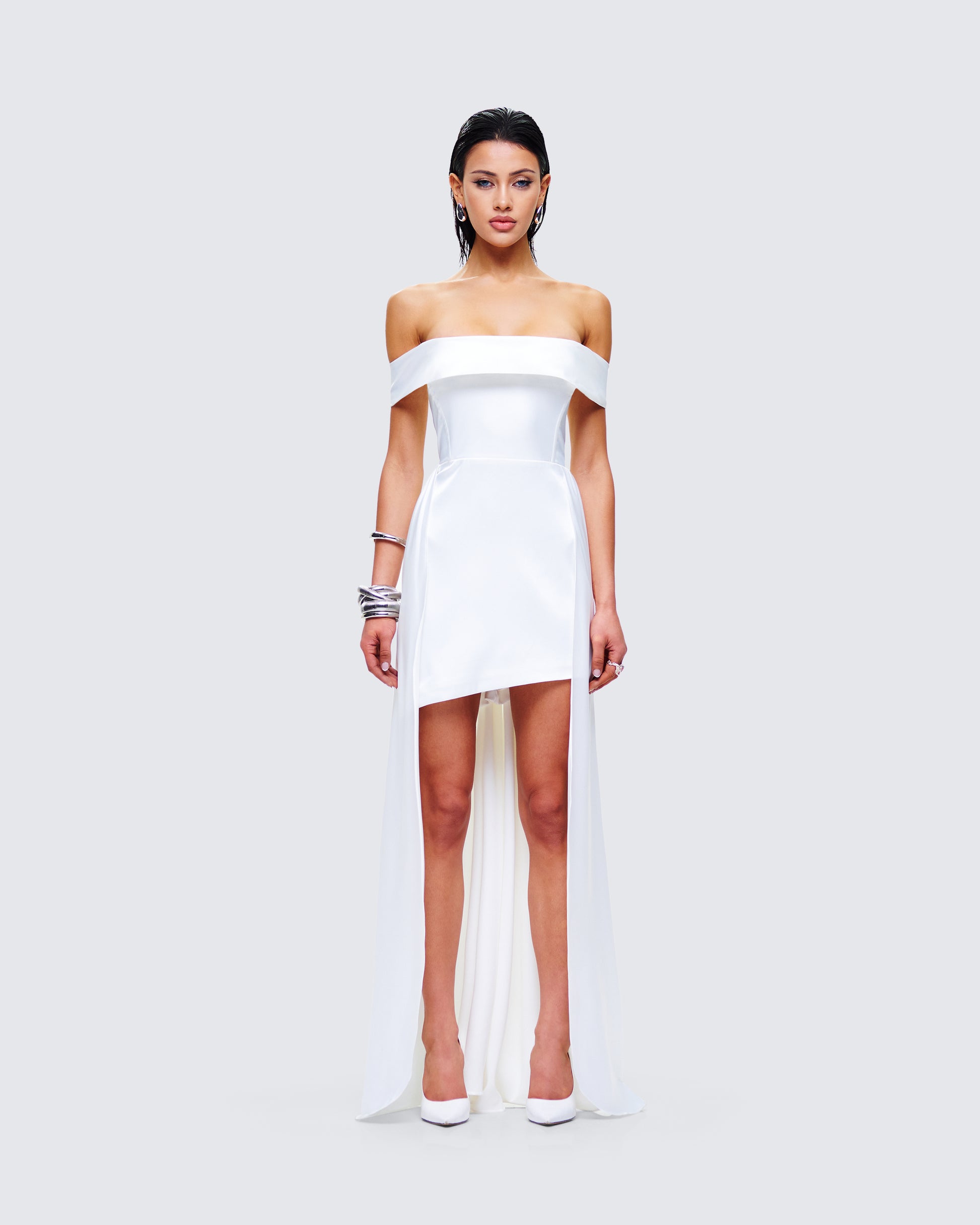 Aika White Off Shoulder High Low Dress model front