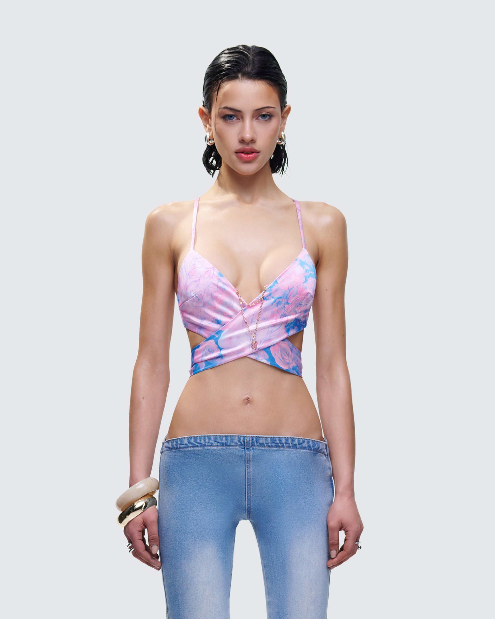 Aiyana Multi Floral Print Wrap Top model front