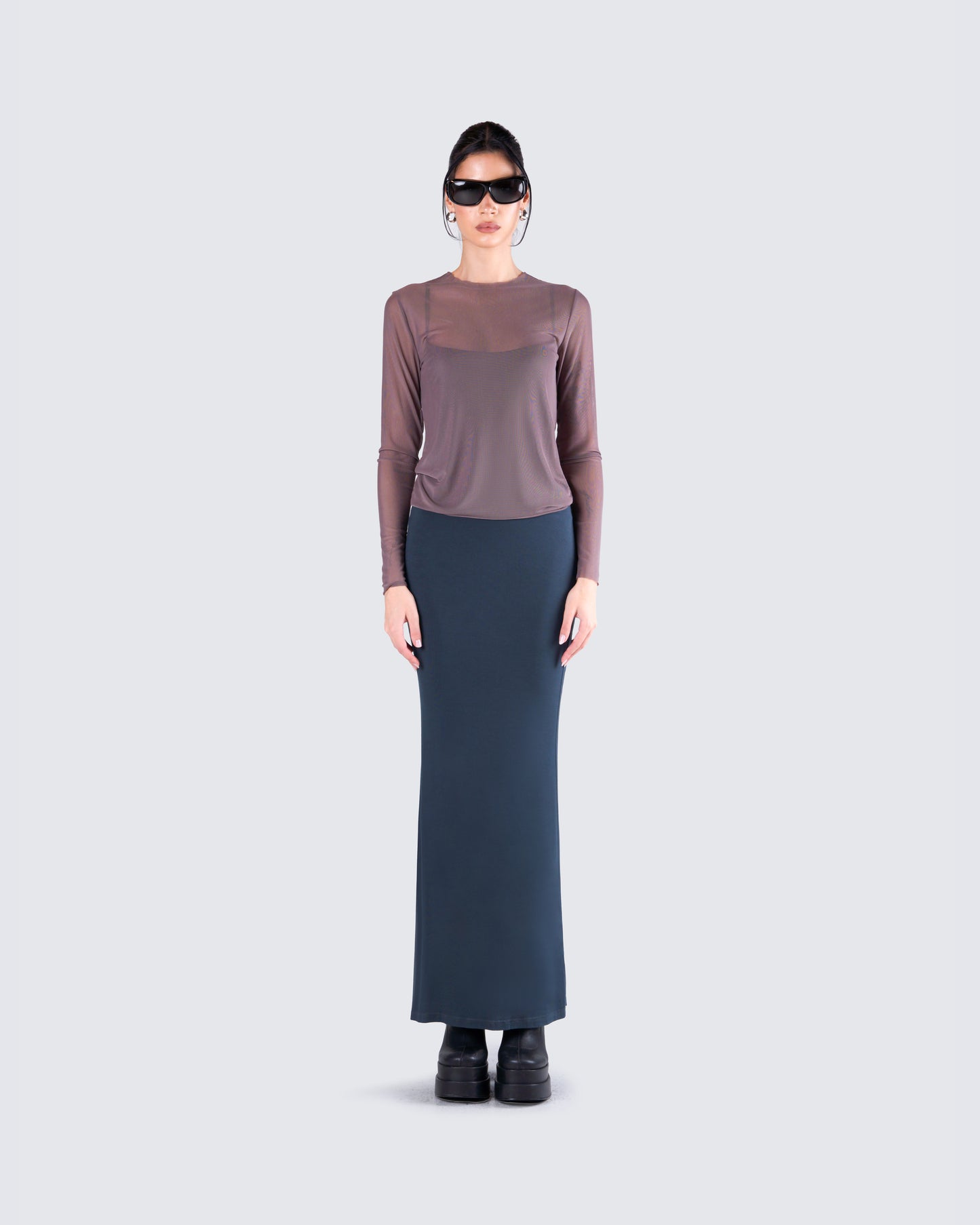 Alyson Grey Mesh Long Sleeve Top model front