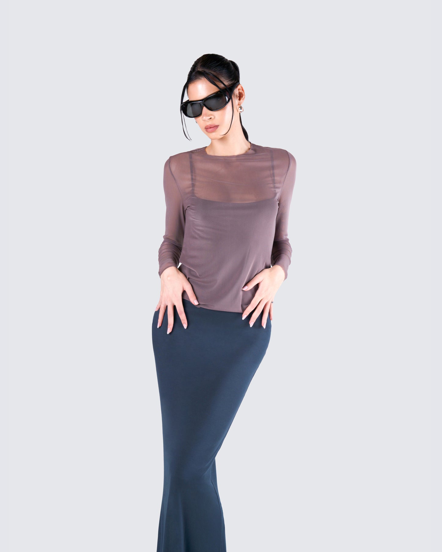 Alyson Grey Mesh Long Sleeve Top