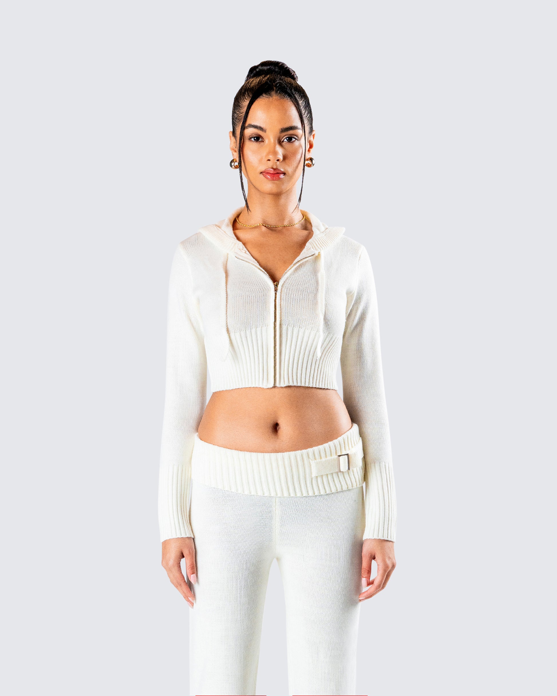 Alyssa White Knit Cropped Jacket model front